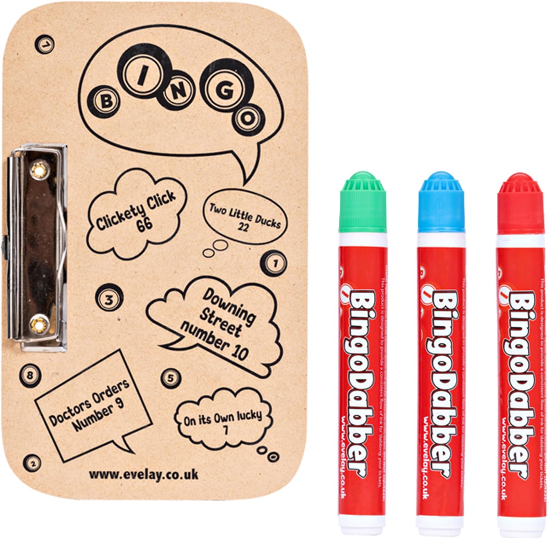 evelay Bingo Dabbers and Board Set - 3 Colourful Dabbers and 1 Game Board for Endless Bingo Fun