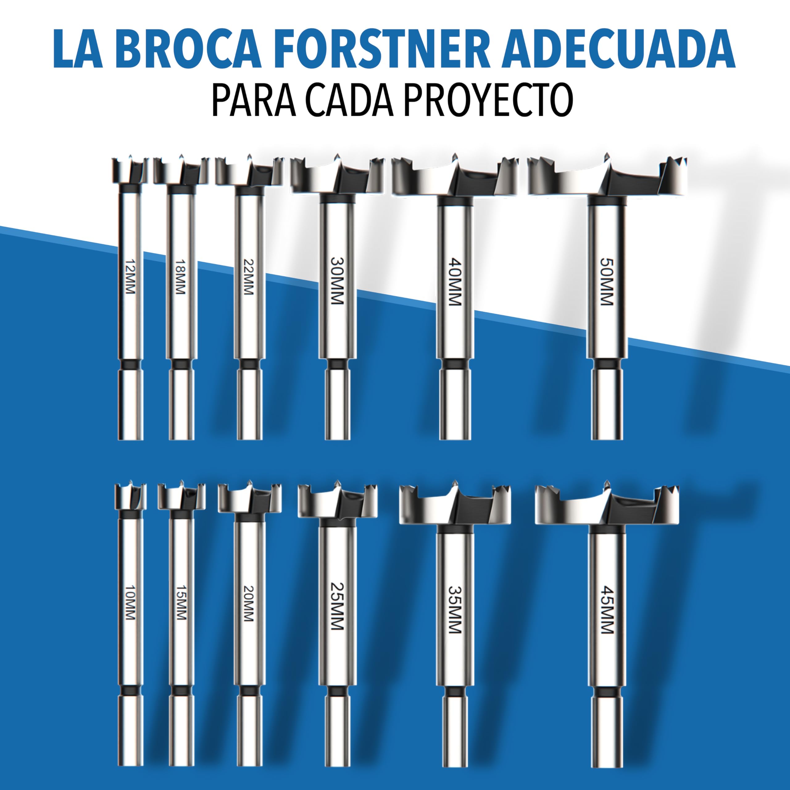 Juego de brocas Forstner de 12 piezas [Ø 10 – 50 mm incluida caja] – Brocas para madera – Broca plana precisa y taladro perforador, también conocido como broca transportadora/fostner – ideal para la