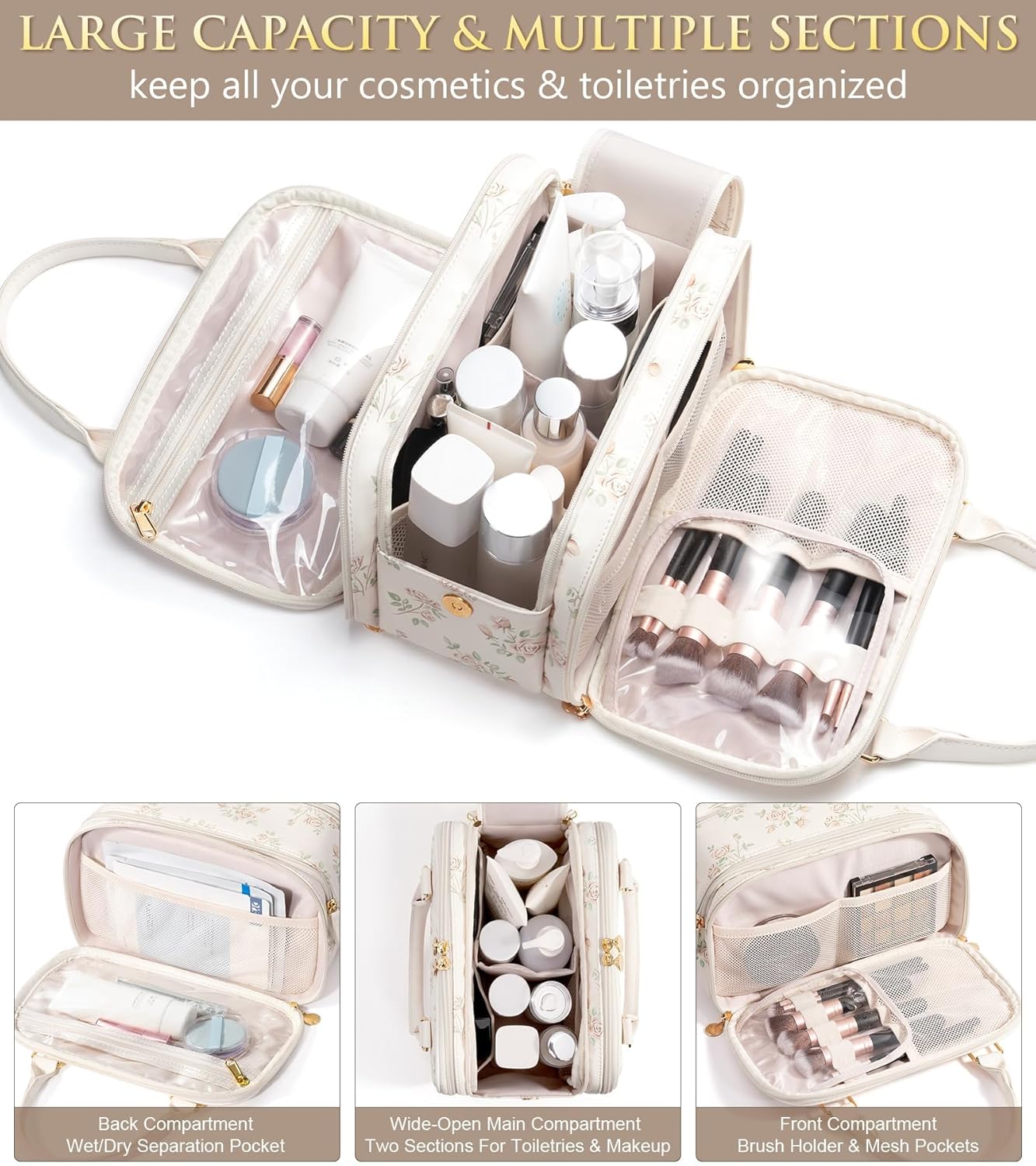 Travel Makeup Bag, Large Capacity Quilted Toiletry Bag for Women Stand-up Cosmetic Bag Open Flat Make Up Case Organizer Portable Pouch Purse w/Handle for Traveling Accessories Beige Floral - Image 3