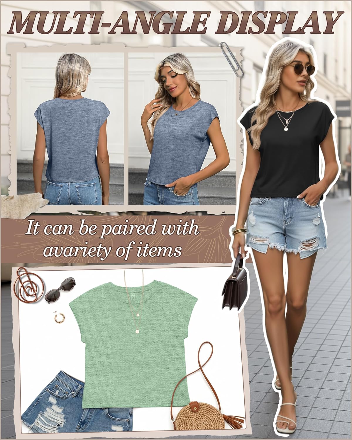 4 Pack Women's Cap Sleeve Shirts Basic Crop Tops Solid Crewneck T-Shirts Loose Fit Tank Summer Casual Tees - Image 5