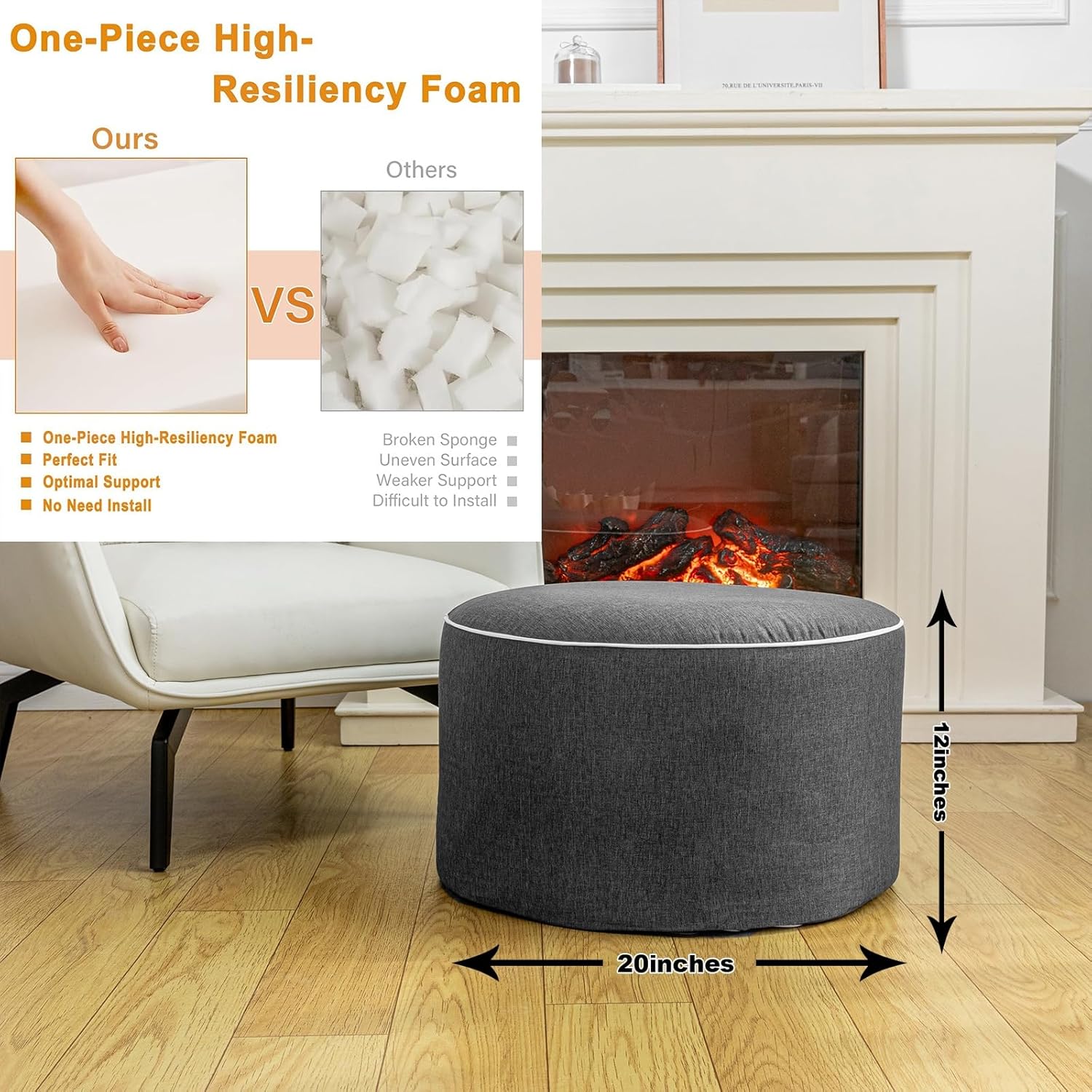 Outdoor Ottomans for Patio 20x12 Inches Modern Lightweight Foam Stuffed Pouf Outdoor Footstool Footrest Foot Stool Waterproof (Dark Gray)