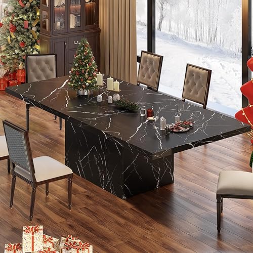 Miniatura 3 de HSH – Mesa de comedor negra de 71” para 6-8, mesa de comedor rectangular moderna de mármol sintético, mesa grande de comedor para cocina y sala de