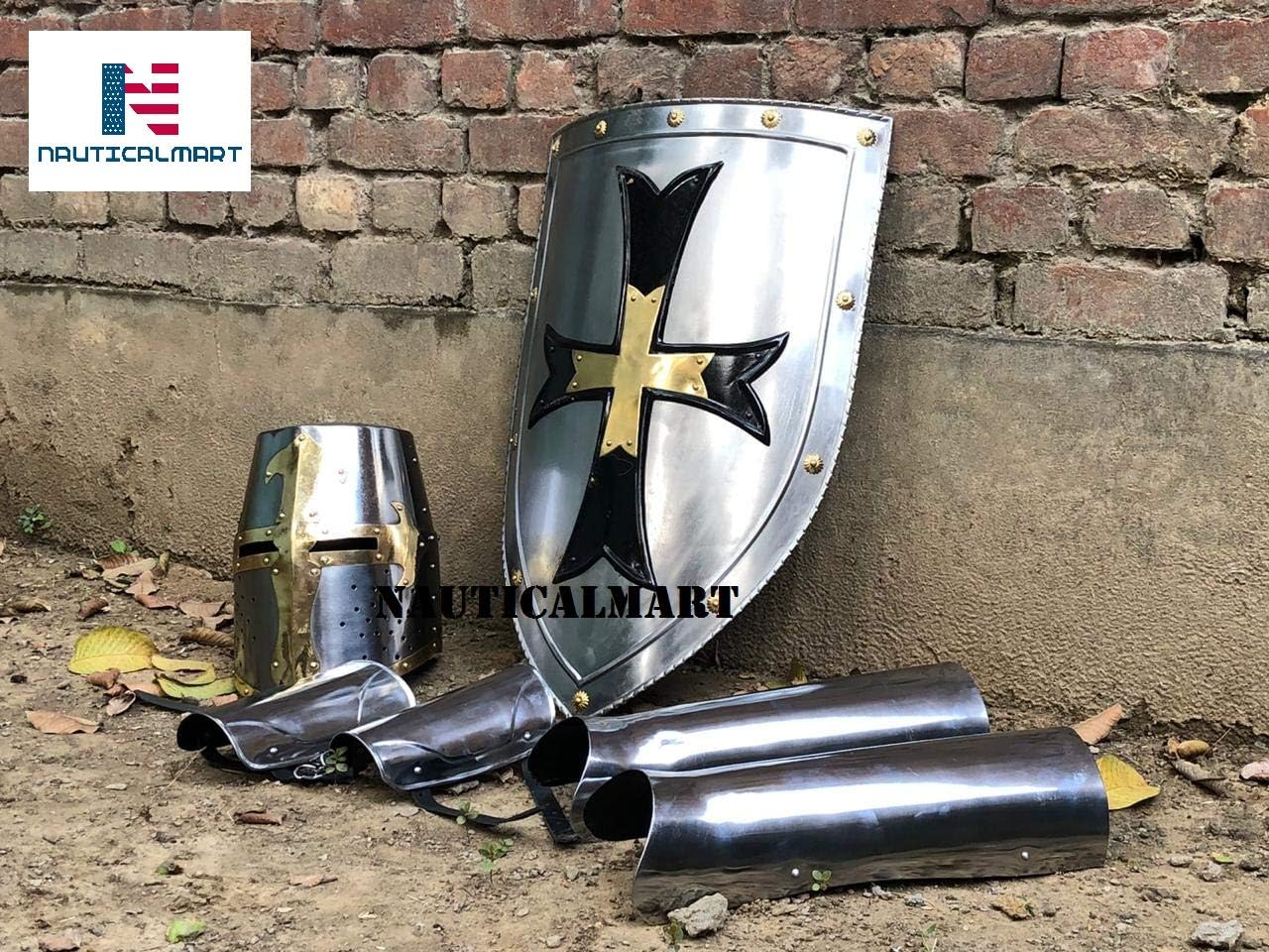 Nautical-Mart Medieval Knight Crusader Templar Helmet Armor Set - Shield, Arm Guard, Leg Guard