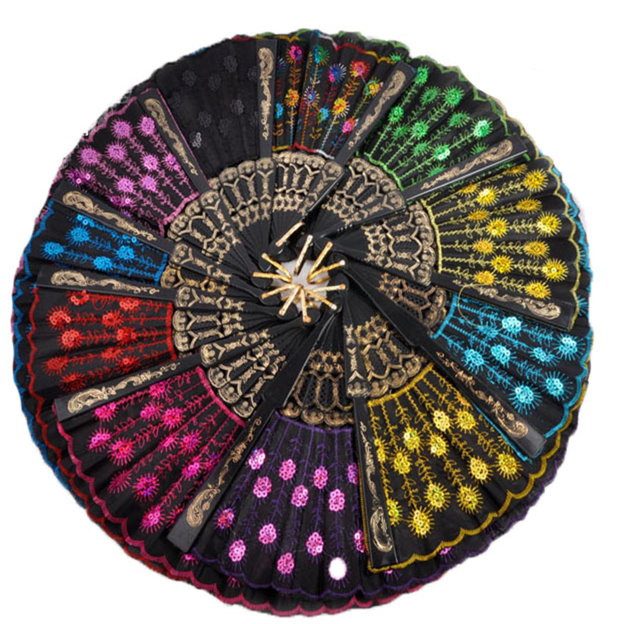 Winture 10 PCS Peacock Hand Fans, Spanish Folding Hand Fan, Vintage Dancing Party Fans,Summer Handheld Folding Fans for Women (Embroidered Peacock Tail Pattern)