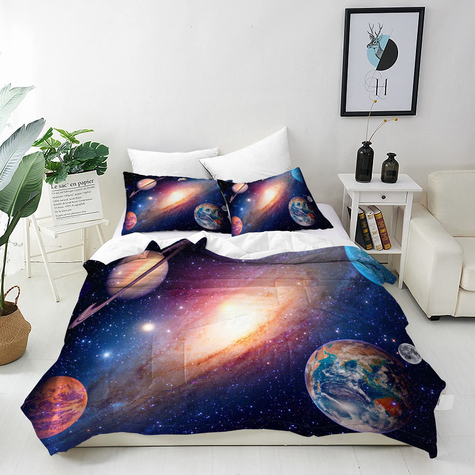 ANHOPE Planet Duvet Cover Set Soft Comforter Cover Space Earth Mars Mercury Jupiter Print Pattern 3 Piece Bedding Set with Pillowcase All Season Quilt Cover with Zipper for Kids Adults Double — image 1