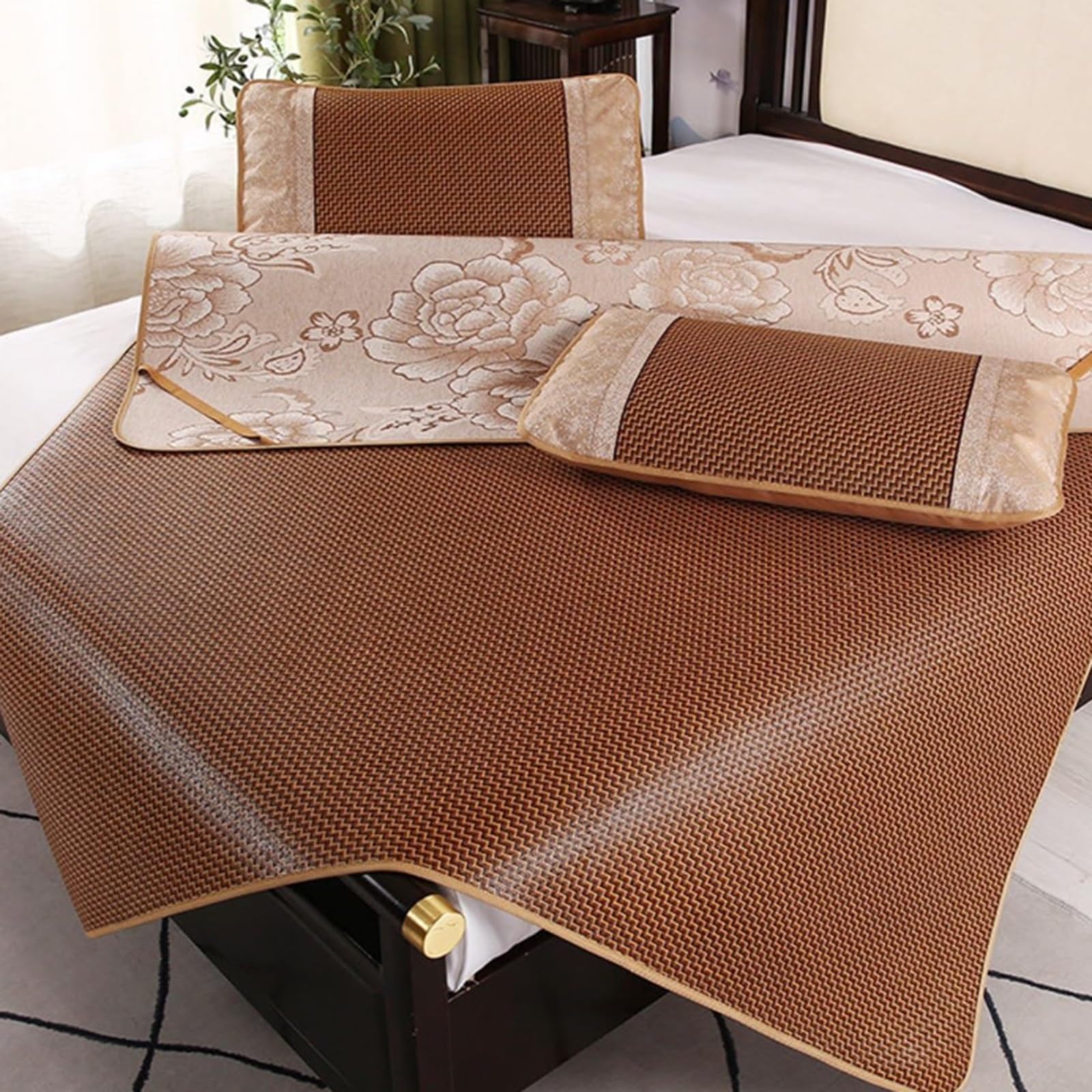 Summer Sleeping mat Double Sided, with Corner Ties and Pillowcase, Foldable Cooling Mat for Bed, Rattan Cooling Mat, for Home School(Deep,80 * 190cm/31.4 * 74.8in)