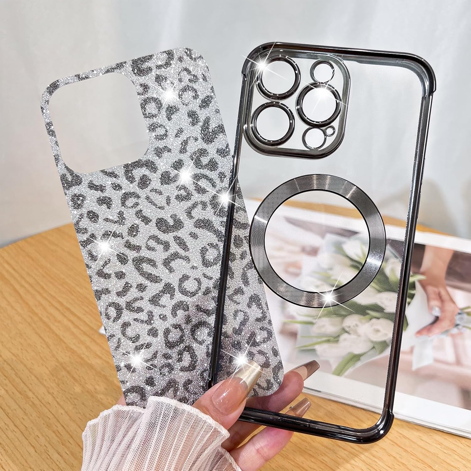 Fiyart Designed for iPhone 14 Pro Max Case,Compatible with MagSafe Cheetah Print Plating Camera Protection Magnetic Clear Glitter Leopard Print Shockproof Phone Bumper for Women Girls 6.7"-Black - Image 3