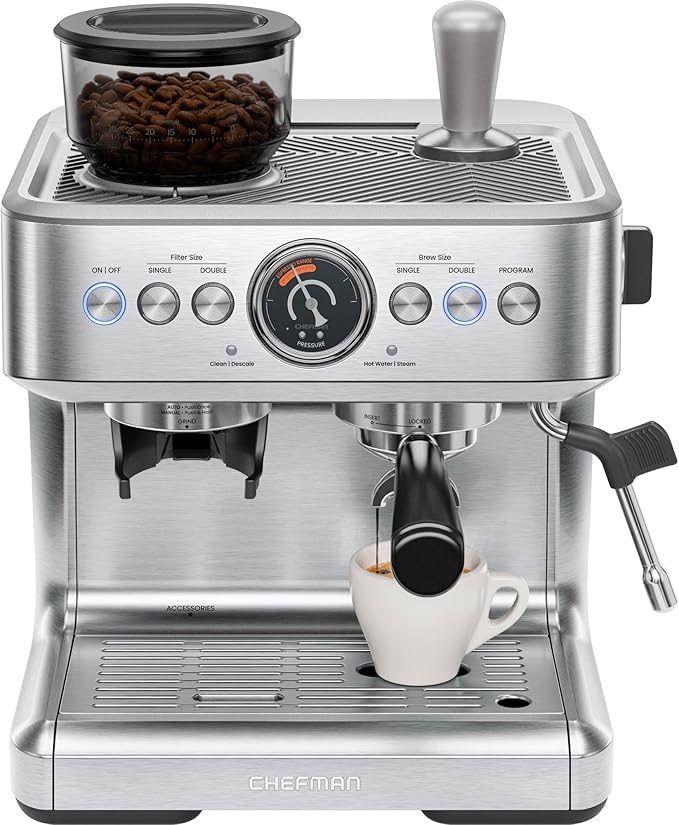 Chefman Crema Supreme 15 Bar Espressomaschine mit Milchaufschäumer, Barista Dampfstab, professionelle Kaffeemaschine mit Kaffeemühle, 30 Mahlgradeinstellungen, 3L abnehmbarer Wassertank - Edelstahl
