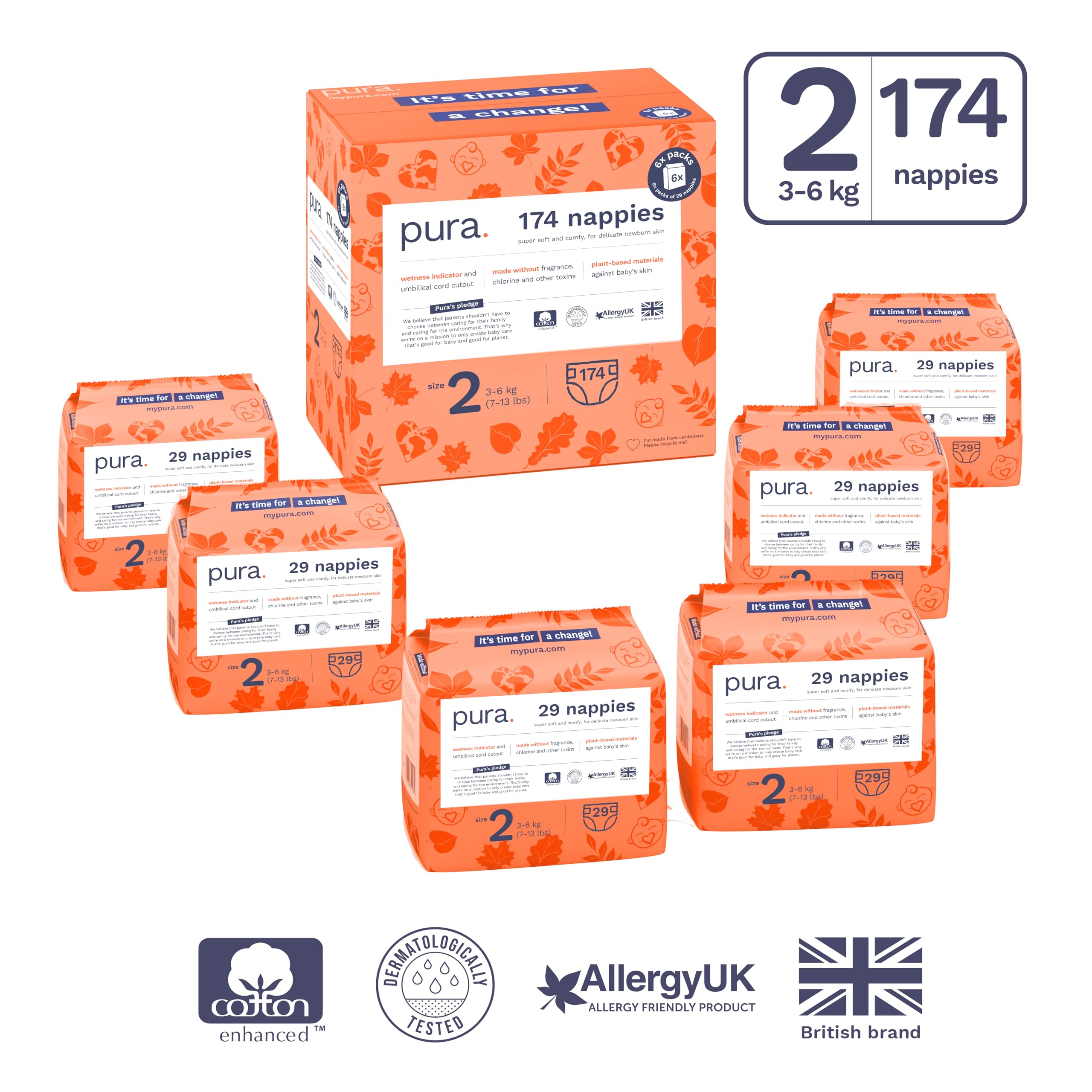 Pura Ekologiczne pieluchy dla niemowląt, rozmiar 2, 6 x 29 pieluszek (łącznie 174), ultramiękkie pieluchy dla skóry wrażliwej, bawełna organiczna, wskaźnik wilgotności, wycięcie na pępowinę