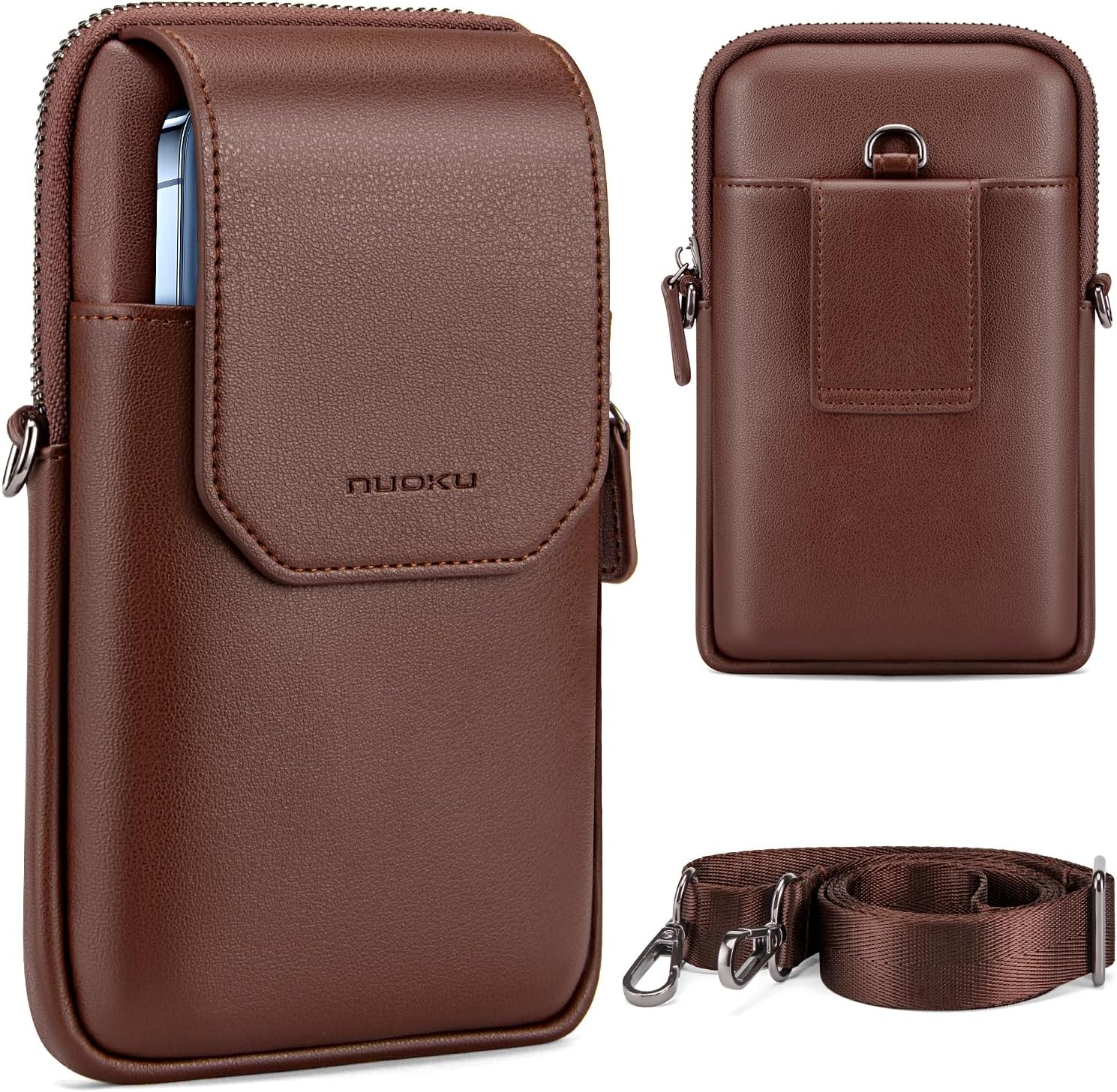 nuoku Cell Phone Shoulder Holster, Vegan Leather Belt Pouch Small Crossbody Bag for Men with Card Slots Passport Pouch Compatible with iPhone 17/16/15/14/13 Pro Max/Samsung Galaxy(Black)
