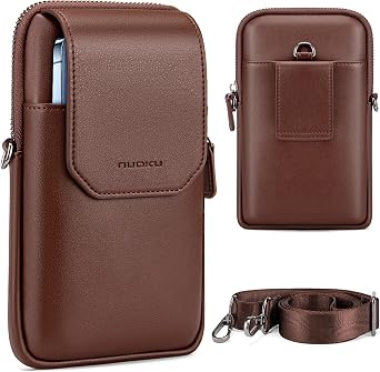 nuoku Cell Phone Shoulder Holster, Vegan Leather Belt Pouch Small Crossbody Bag for Men with Card Slots Passport Pouch Compatible with iPhone 17/16/15/14/13 Pro Max/Samsung GalaxyBrown
