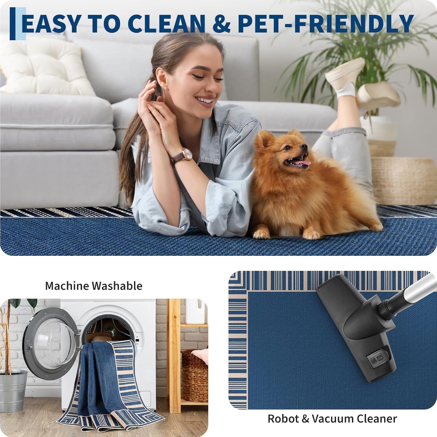 COZYLOOM 9x12 Indoor Outdoor Rugs Machine Washable Area Rugs for Living Room, Non Slip Non Shedding Bordered Easy Jute Rug Stain Resistant Modern Striped Carpet for Bedroom, Patio, Backyard, Blue