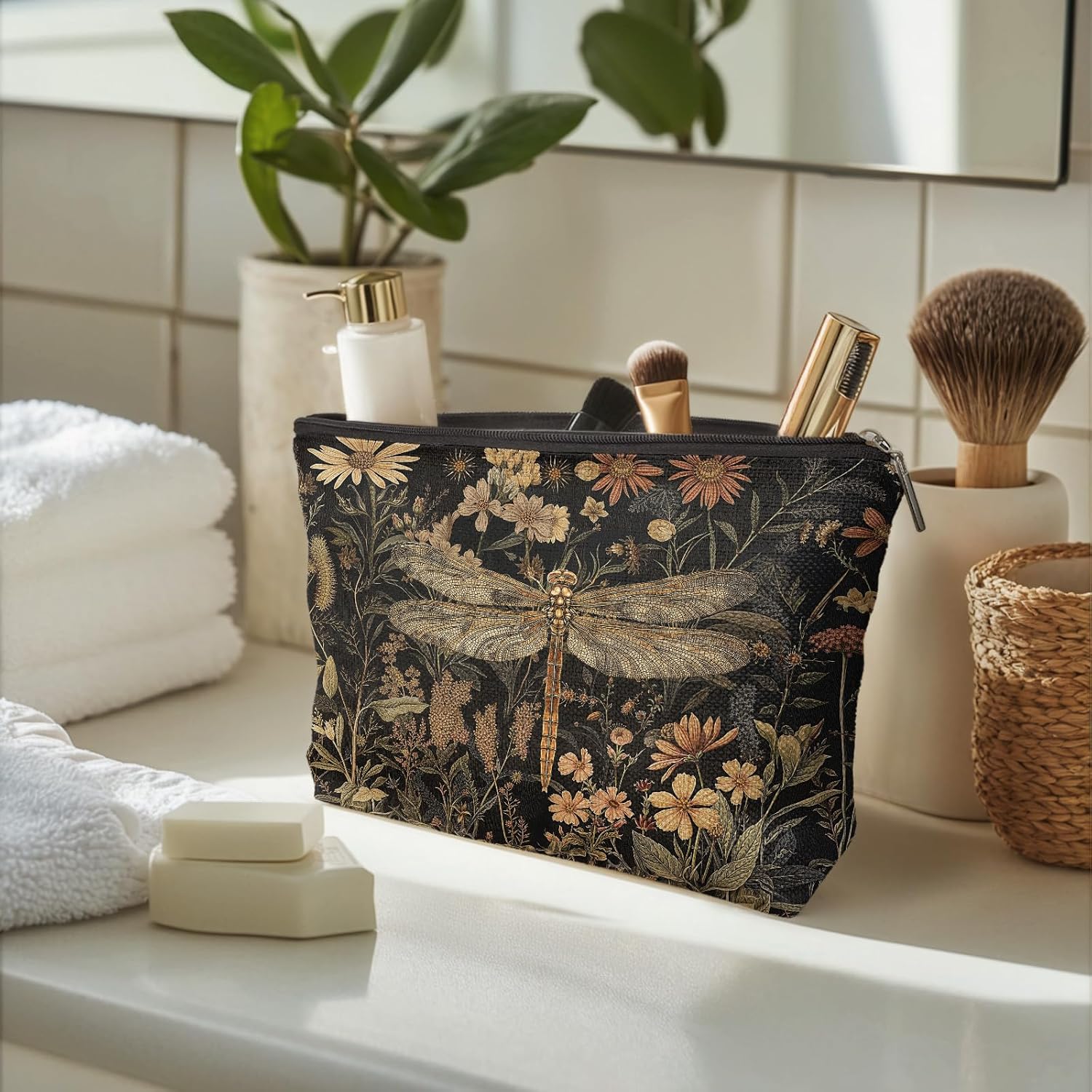 Moody Floral Dragonfly Makeup Bag, Dark Cottagecore Botanical Dragonfly Cosmetic Bags for Women, Vintage Wildflower Insect Makeup Zipper Pouch - Image 4