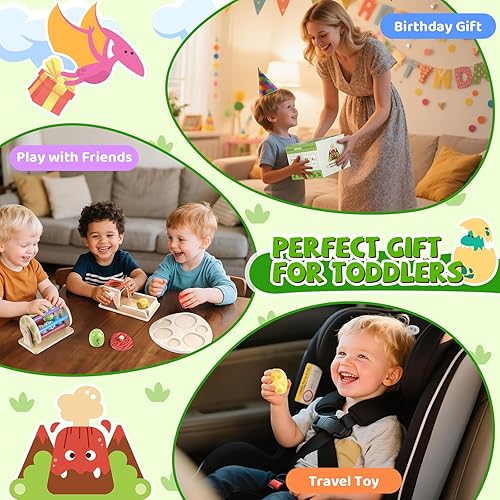 Miniatura 6 de Montessori - Juguete de madera para bebé, juego de huevos de dinosaurio para más de 6 meses, tambor giratorio, caja de permanencia de objetos,