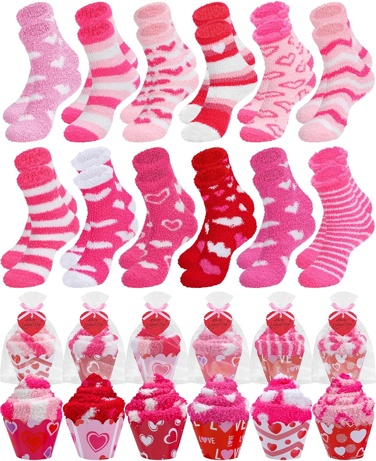 Japior 12 Pairs Valentines Cupcake Socks Gift for Women Bulk,12 Styles Classic Fluffy Warm Fuzzy Valentines Day Socks with Heart Cards,Galentine's Day Gifts for Wife Mother Friends