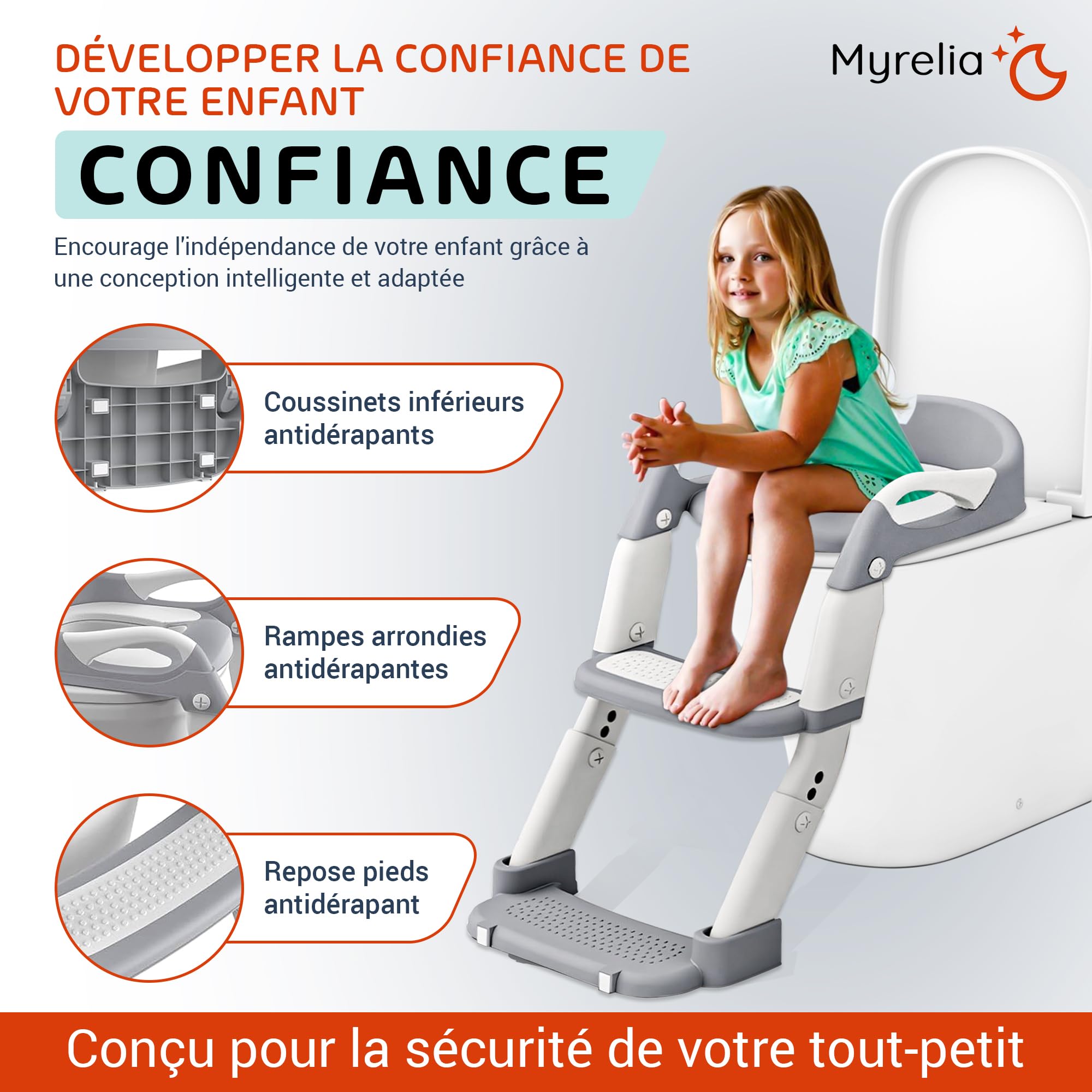 Reducteur toilette enfant 3-en-1, pot bebe toilette et adaptateur toilette enfant avec rehausseur WC, marches, poignées et dossier, antidérapant, pliable, robuste, facile à nettoyer, 3-6 ans