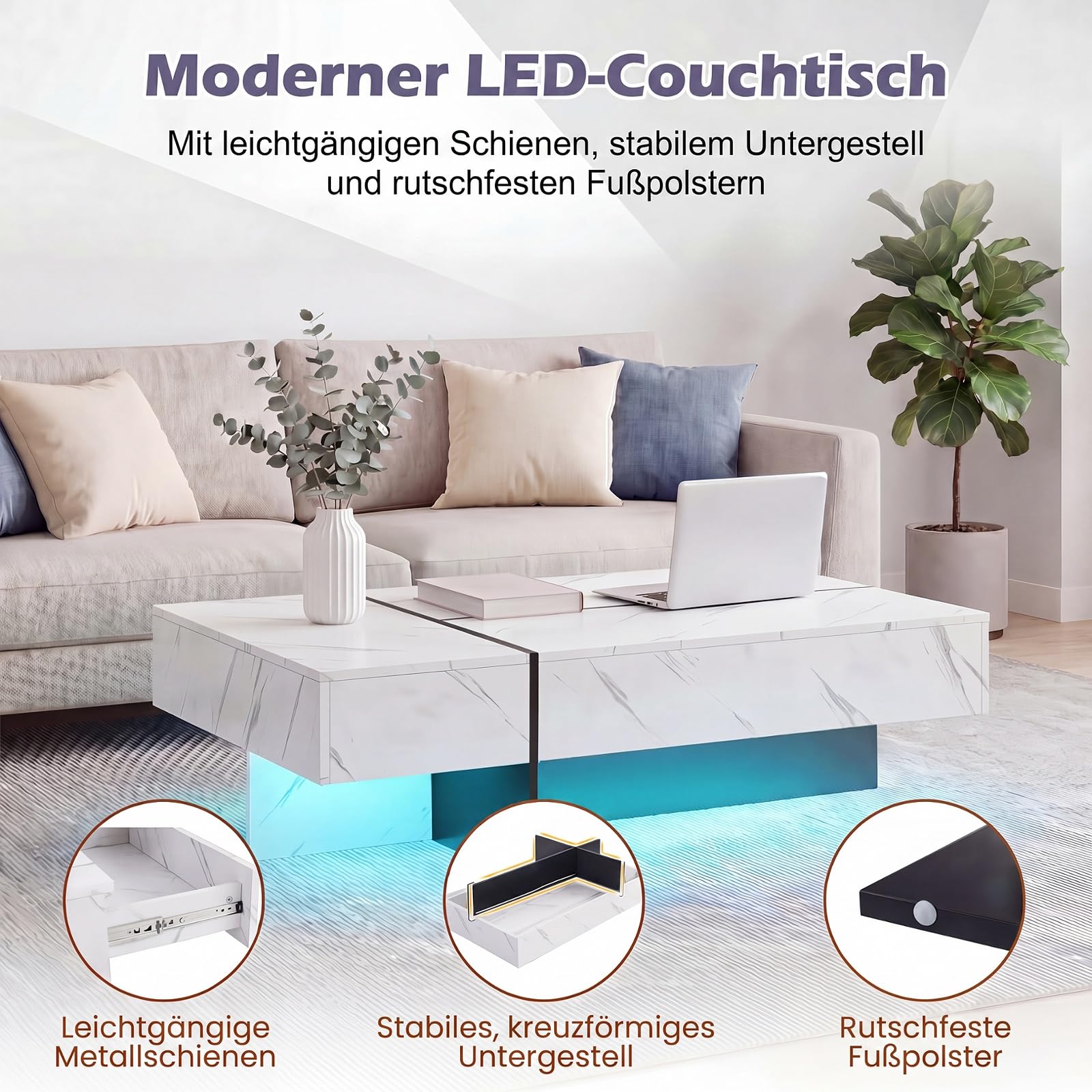 SOARS Mesa de Centro LED, Mesa Auxiliar Brillante con 3 Cajones de Almacenamiento, Iluminación Ajustable y Control Remoto, Mesa de Café Moderna para Salón Sofá, 120 x 70 x 35 cm (Blanco)