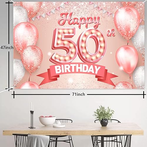 Miniatura 2 de Cartel de oro rosa con texto en inglés "Happy 50th Birthday", globos de confeti, decoración temática para mujeres de 50 años, suministros de fiesta