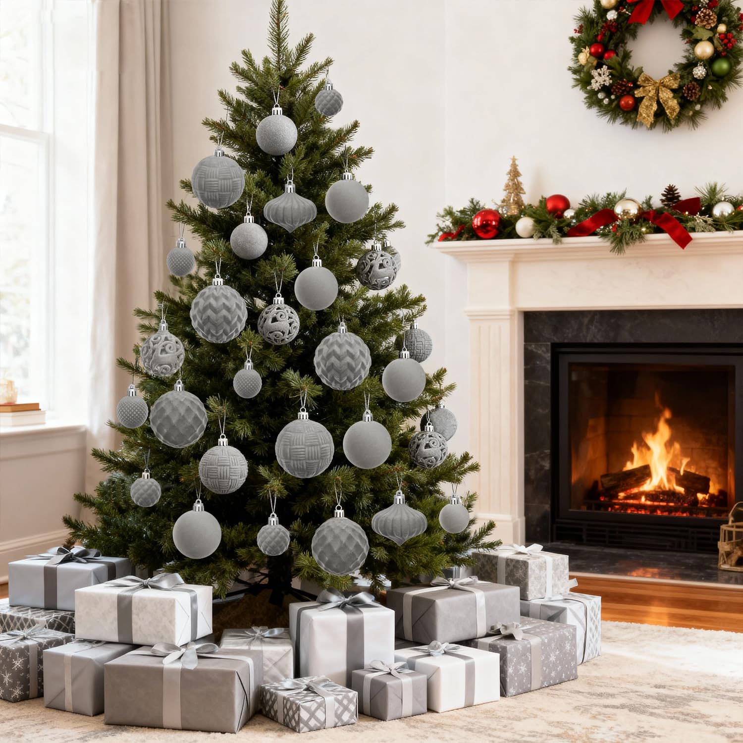 Artmag Samt-Weihnachtskugel-Set, 46 Stück, bruchsicher, beflockt, Kunststoff, verschiedene Größen für Weihnachtsfeiertage, Dekoration, Grau