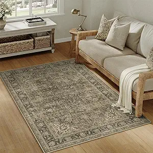 3x5 Washable Brown Vintage Area Rug for Entryway Non-Slip Low Pile Traditional Carpet Retro Distressed Soft Thin Door Mat Small Accent Throw Rug for Office Kitchen Bathroom Indoor