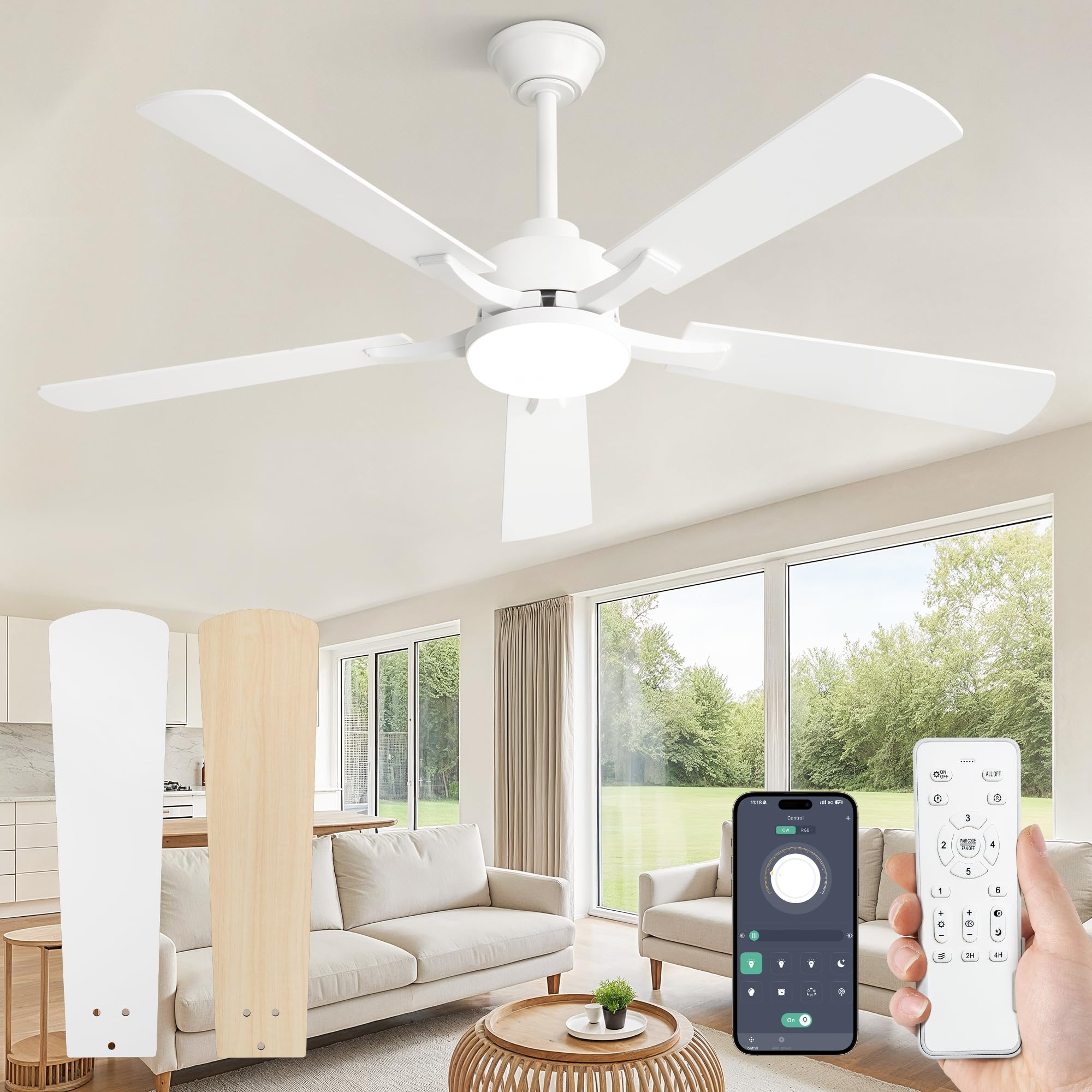 ZMISHIBO Ventilador techo Silencioso,Ø132 cm Ventilador de Techo con Luz control por control remoto/APP,6 Velocidades,3 Temperaturas de Color,Motor DC Reversible,Brillo regulable del 10% al 100%