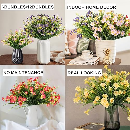 Miniatura 6 de MACTING 12 paquetes de flores artificiales de primavera, resistentes a los rayos UV, no se decoloran, plantas arbustivas de plástico sintético para