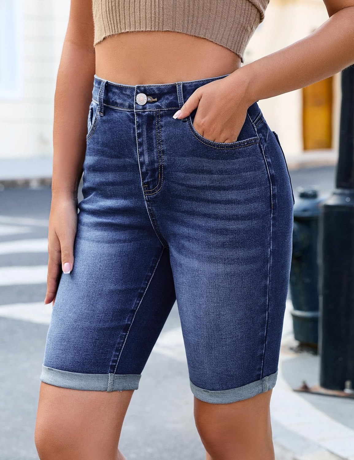 luvamia Bermuda Jean Shorts for Women Knee Length High Waisted Trendy Cuffed Hem Long Stretchy Denim Shorts Summer Jorts - Image 3