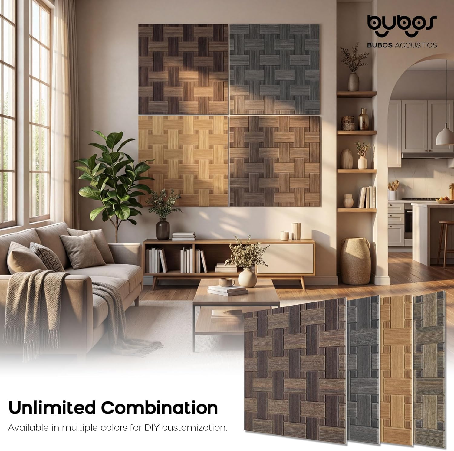 BUBOS 6 Pack Self-Adhesive Acoustic Wall Panels,23.6" x 23.6" Sound Proof Panels for Walls,3D Wood Pattern Acoustic Panels,Decorative Sound Absorbing Wall Art for Studio, Home Office(Red Oak)