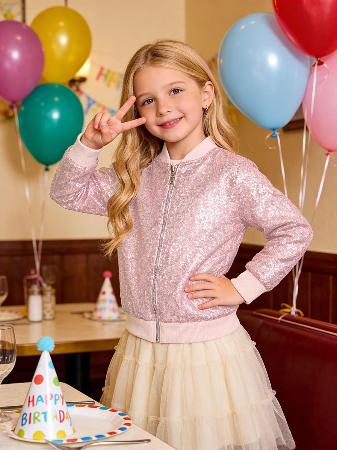 Cromoncent Girl's Sequin Baseball Jacket Casual Long Sleeve Front Zip Bomber Jackets, 2-8 Years