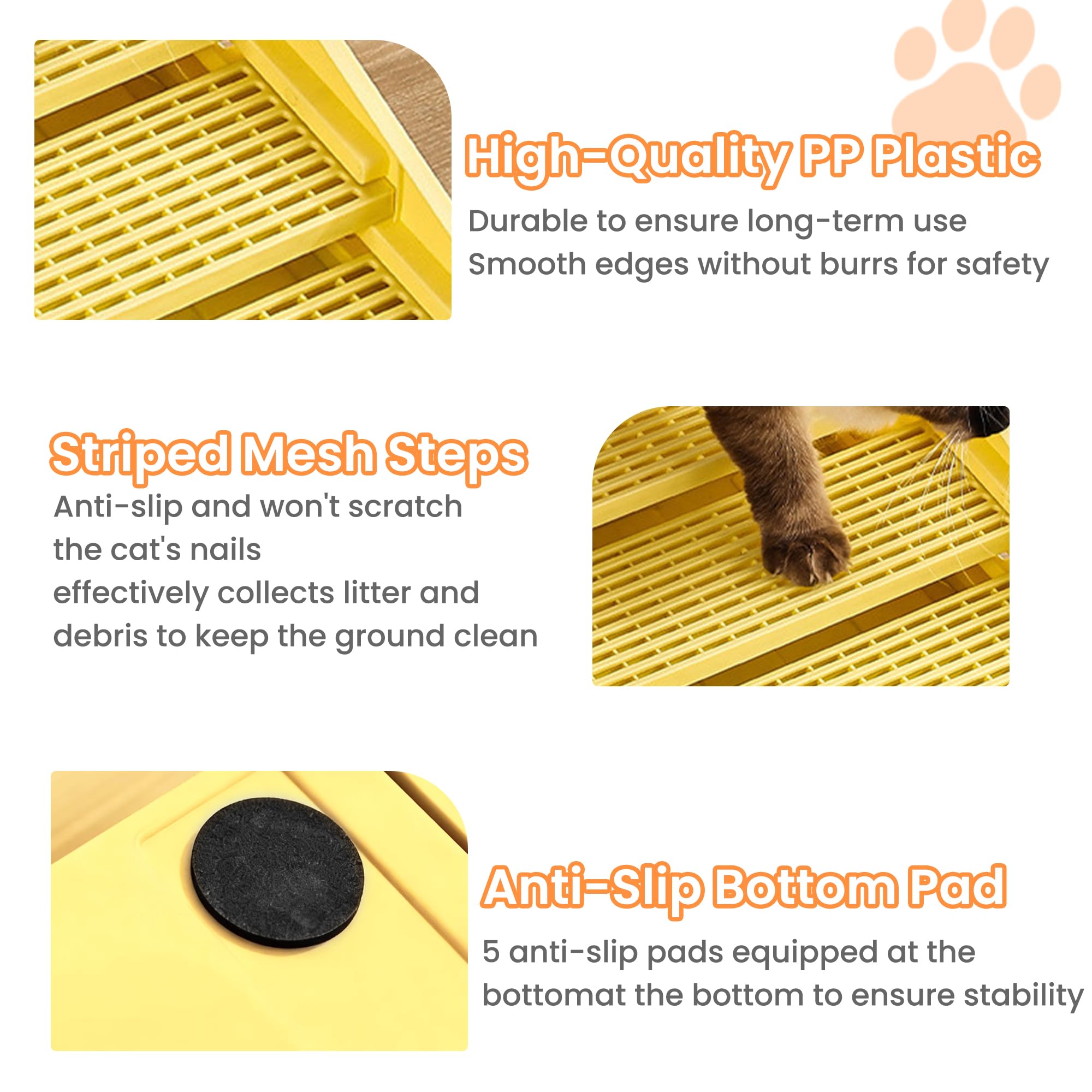 Caja de arena ajustable para gatos con función de filtro, rampa para gatos, atrapador de arena para escaleras, color amarillo
