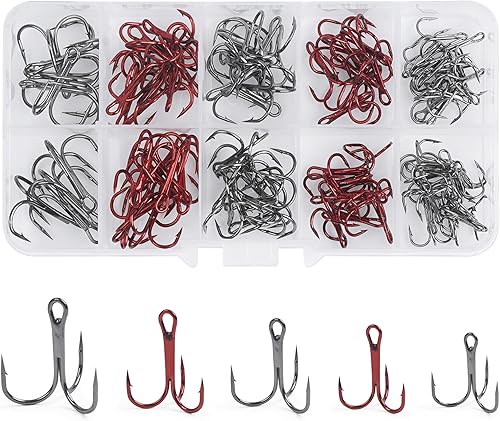 Kit de 100 ganchos agudos de pesca, ganchos agudos rojos afilados, redondos, clásicos, triples, ganchos de pesca de acero de alto carbono, ganchos