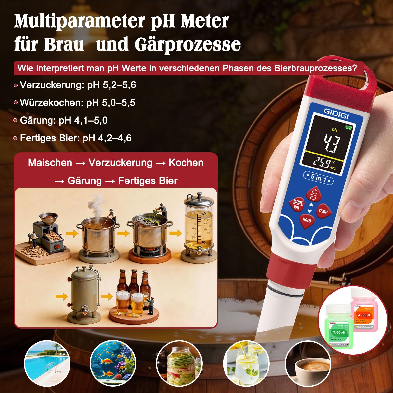 Digitales Schwimmbad-Salzgehaltsmessgerät, 5-in-1 pH- und TDS-Messgerät, geeignet für Meerwasser-Schwimmbäder, ausgestattet mit Kalibrierkit, Salzgehaltsmessgerät für Meerwasseraquarien