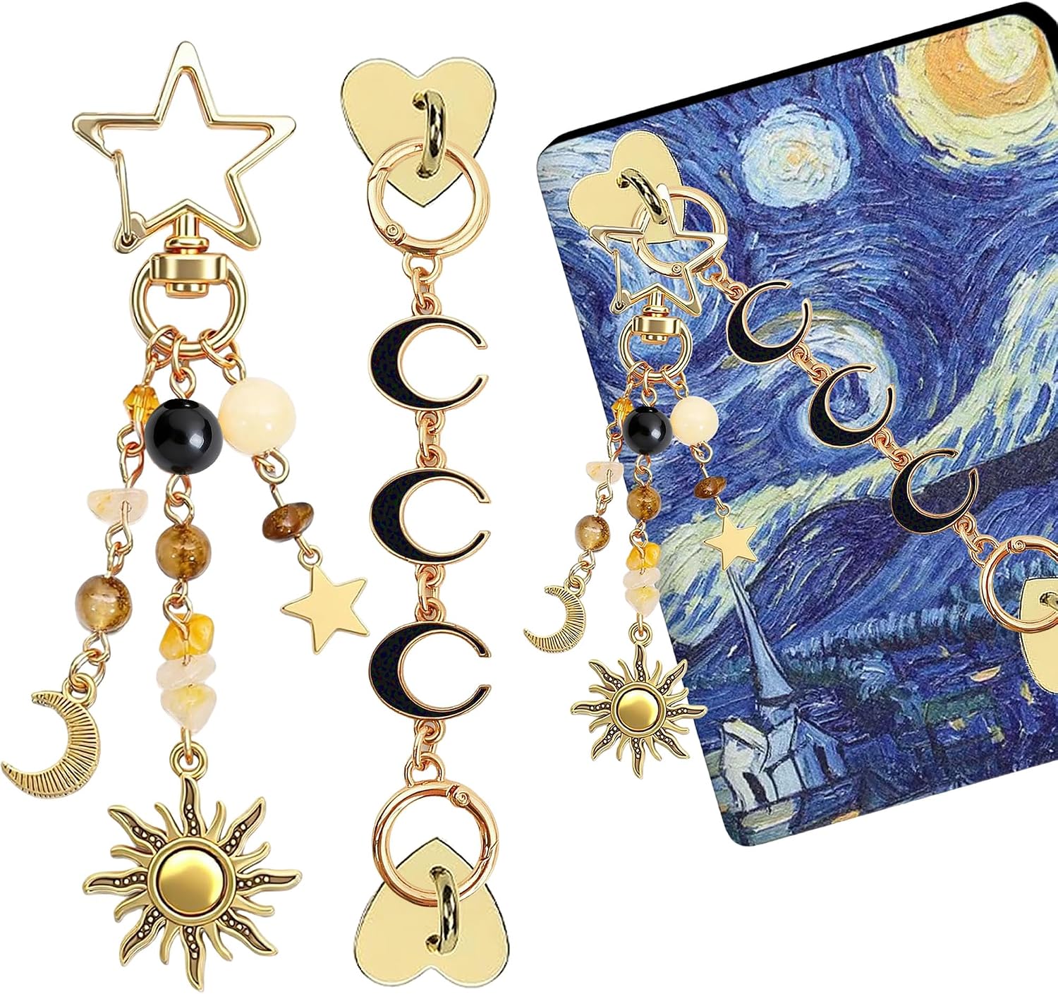 4Pcs Sun Moon Charm Set for Kindle E-Reader, Y2K Keychain Gift | Cute sun moon heart charm with colorful beads design. Y2K e-reader accessory, metal keychain gift for book lovers