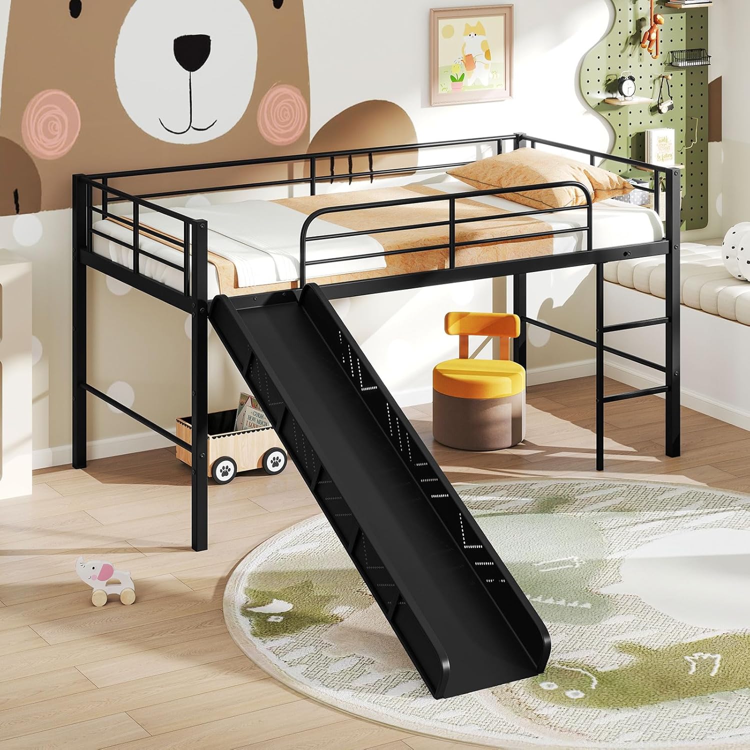 Giantex Low Loft Bed with Slide, Metal Twin Loft Bed Frame with Climbing Ladder, Guardrail & Storage Space for Kids Toddler, Black