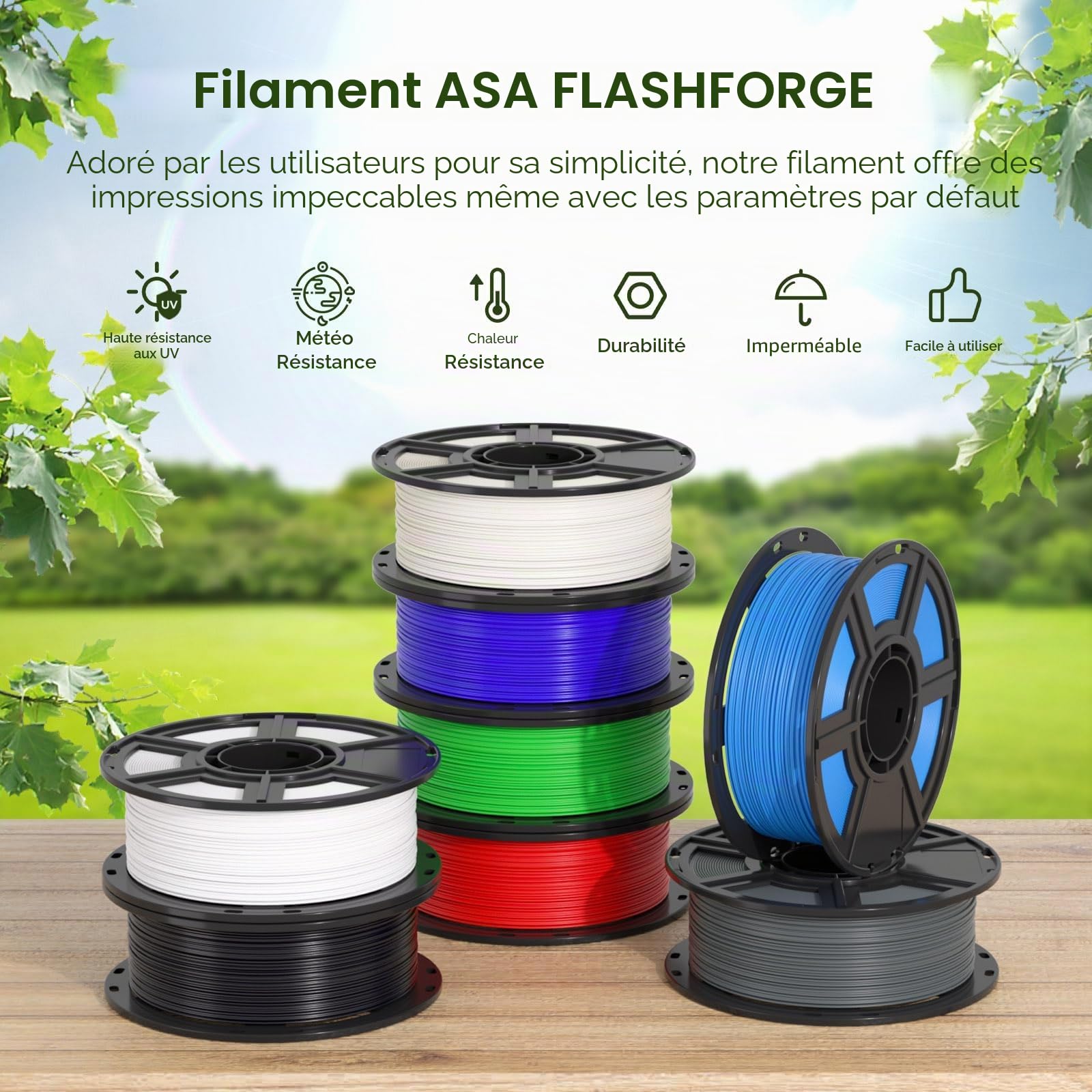 Flashforge Filament ASA 1.75mm, Filaments pour imprimante 3D 1kg Spool-Précision dimensionnelle +/- 0.02mm, Haute résistance aux UV (Naturel, ASA)