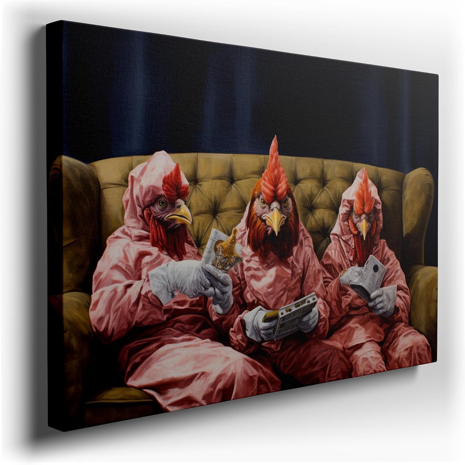 Canvas for Living room. Clucking Cash: Chickens in Lab Coats Dialing in Riches on a Leather Sofa, 27 x 18 inch Canvas Wall Art - Office Wall Decor - 69x46 cm (27x18 inch)