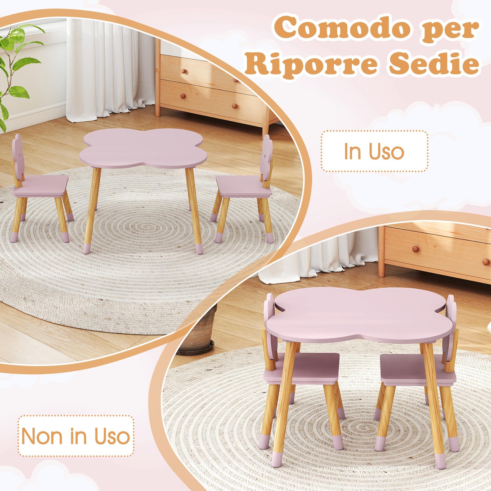 COSTWAY Set Tavolo per Bambini a Forma di Fiore, Tavolino e Sedia in Legno con 2 Sedie e Gambe in Legno di Pino Solido, Tavolino Bambini 3+ Anni per Disegno, Arte e Studio (Rosa)