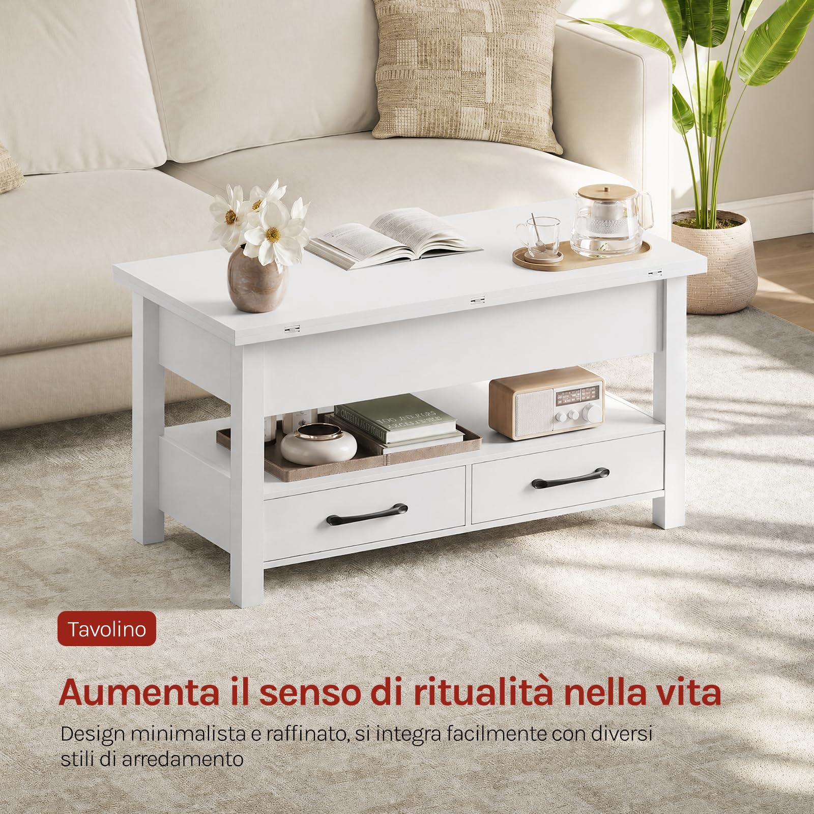 WOLTU Tavolino da Caffè Sollevabile con Spazio Nascosto, Scomparto Aperto e 2 Cassetti, Tavolo Salotto Estensibile Multifunzione per Soggiorno e Studio, Bianco