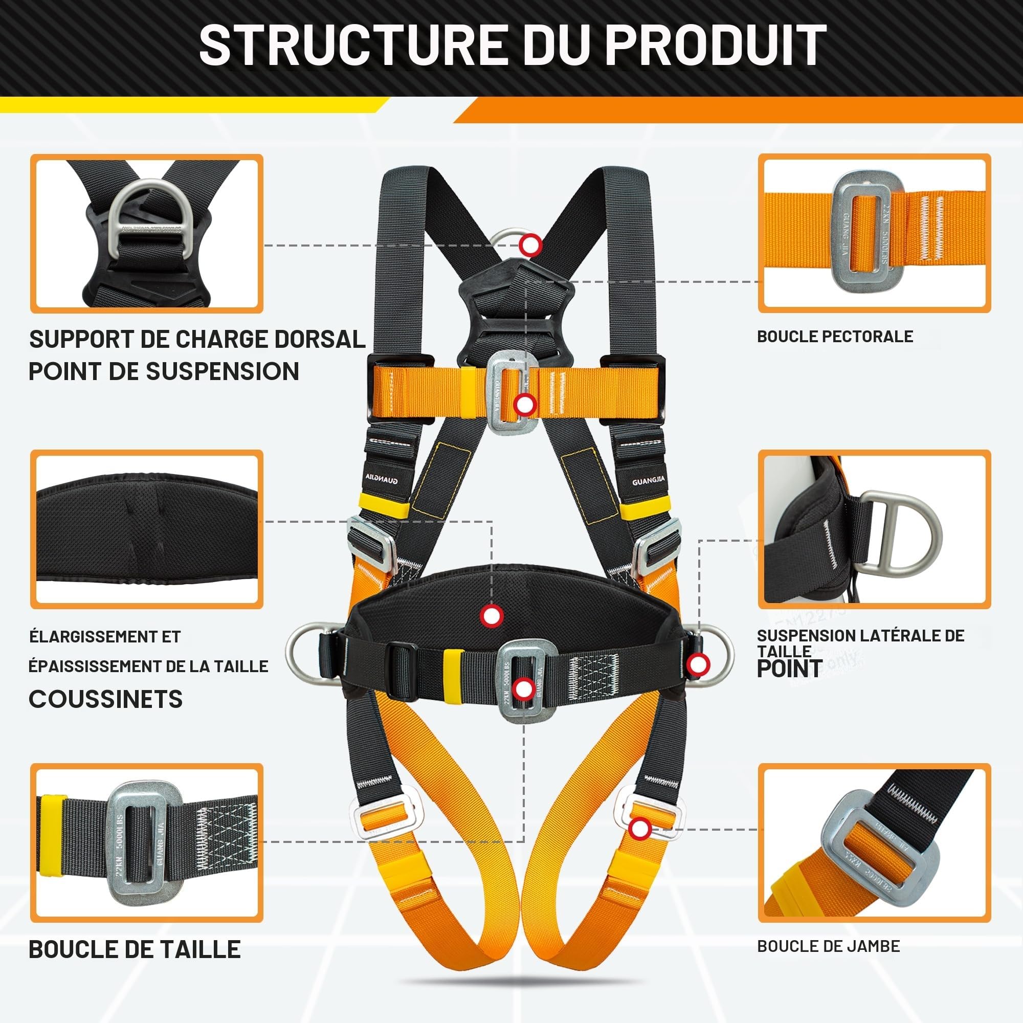 Kit de Harnais de Sécurité Anti-chute DIJJIG avec Lanières Ajustables de 1,8M de Protection de Taille Épaisse Convient pour une Utilisation Industrielle telle que les Opérations en Haute Altitude, la