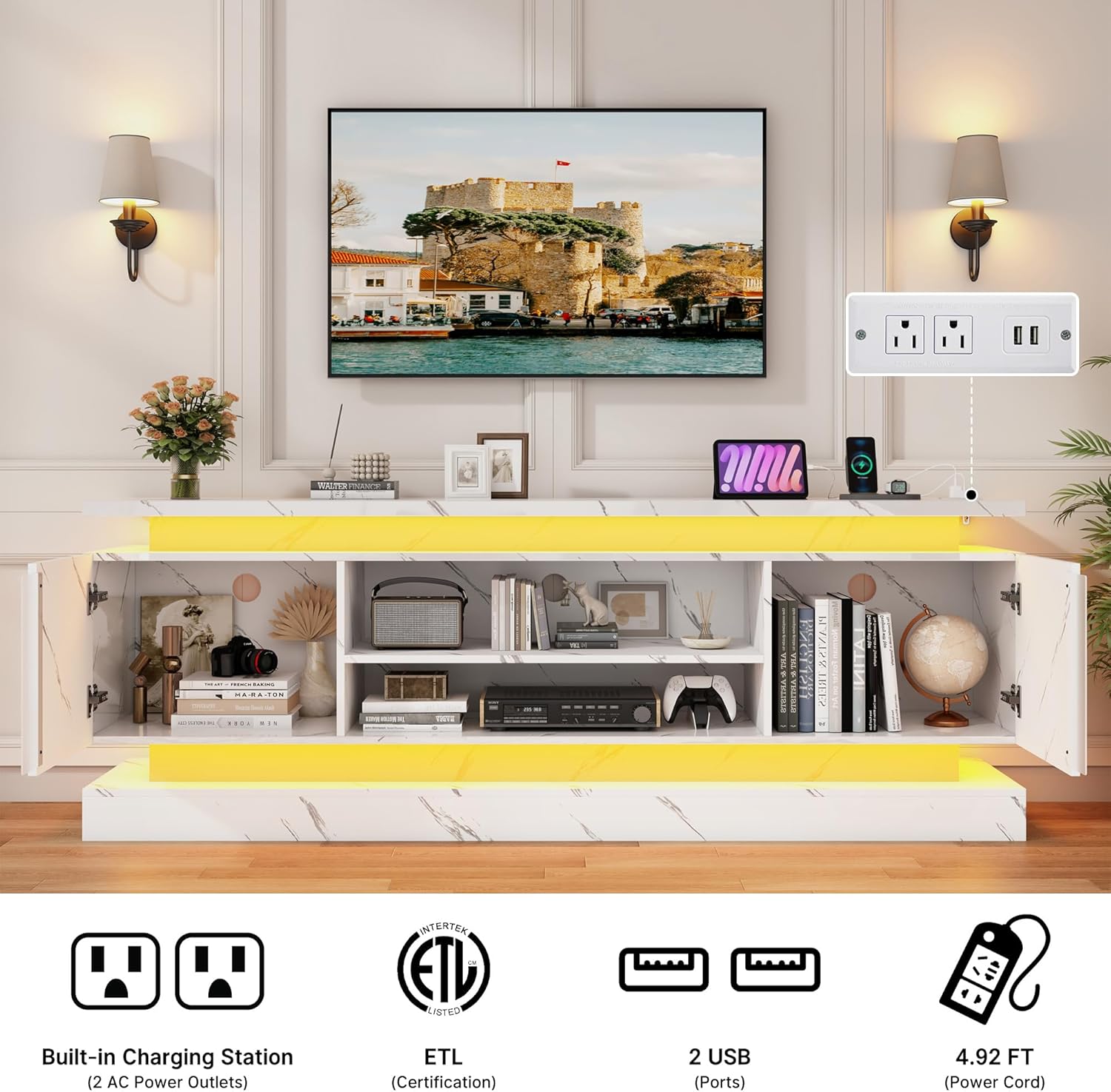 71" 2 LED Marble TV Stand for TVs 85 inch,High Gloss Gaming Tall Entertainment Center w/Power Outlet,6000-Colors LED Lights,Modern TV Media Console Table with 2 Cabinets for Living Room,White Marble