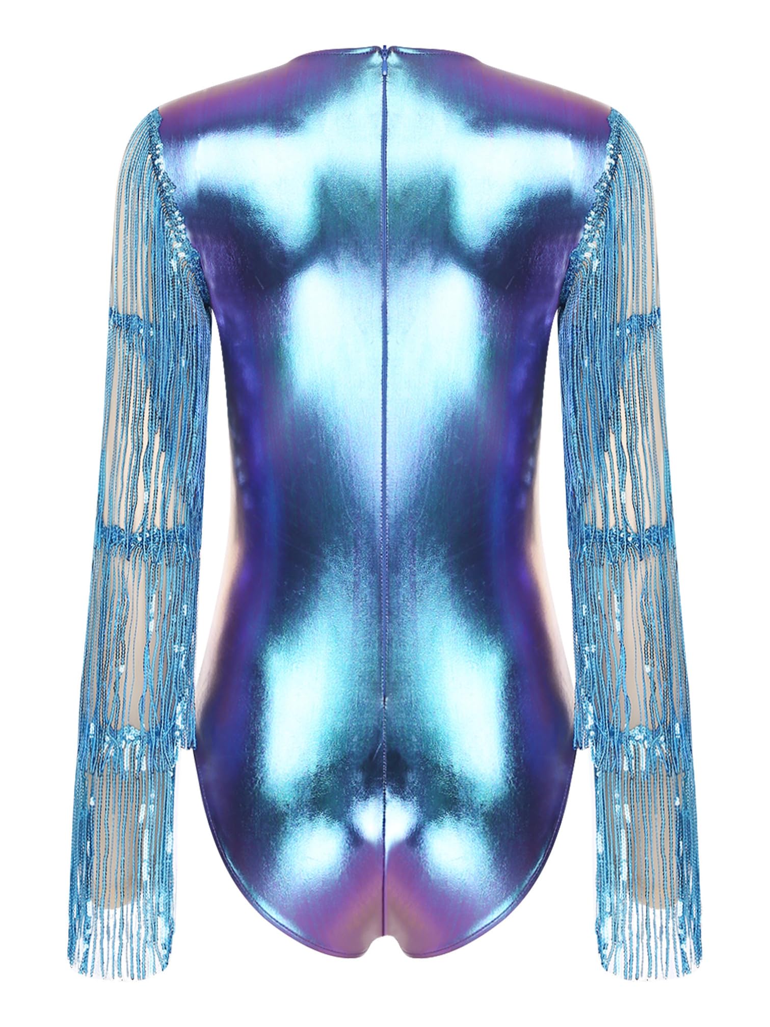 iiniim Femme Métallique Body Col V Manches Longues Franges Justaucorps Danse Disco Gymnastique Costume Carnaval Rave Festival Clubwear