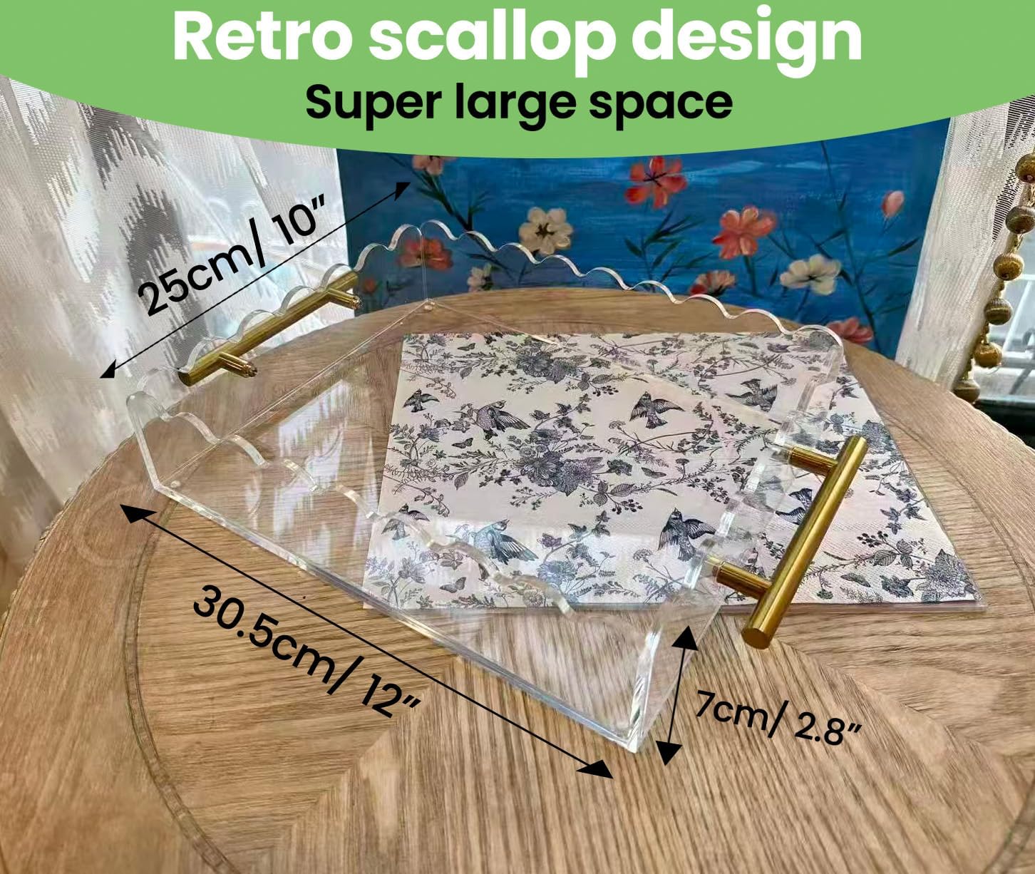 𝟏𝟐*𝟏𝟎𝐢𝐧 Scalloped Acrylic Tray Magnetic Bottom,Scallop Acrylic Tray with Handles,Bottom Replaceable Photos,Art Paper,Messages,Square,Decor for Bedroom,Vanity,Office