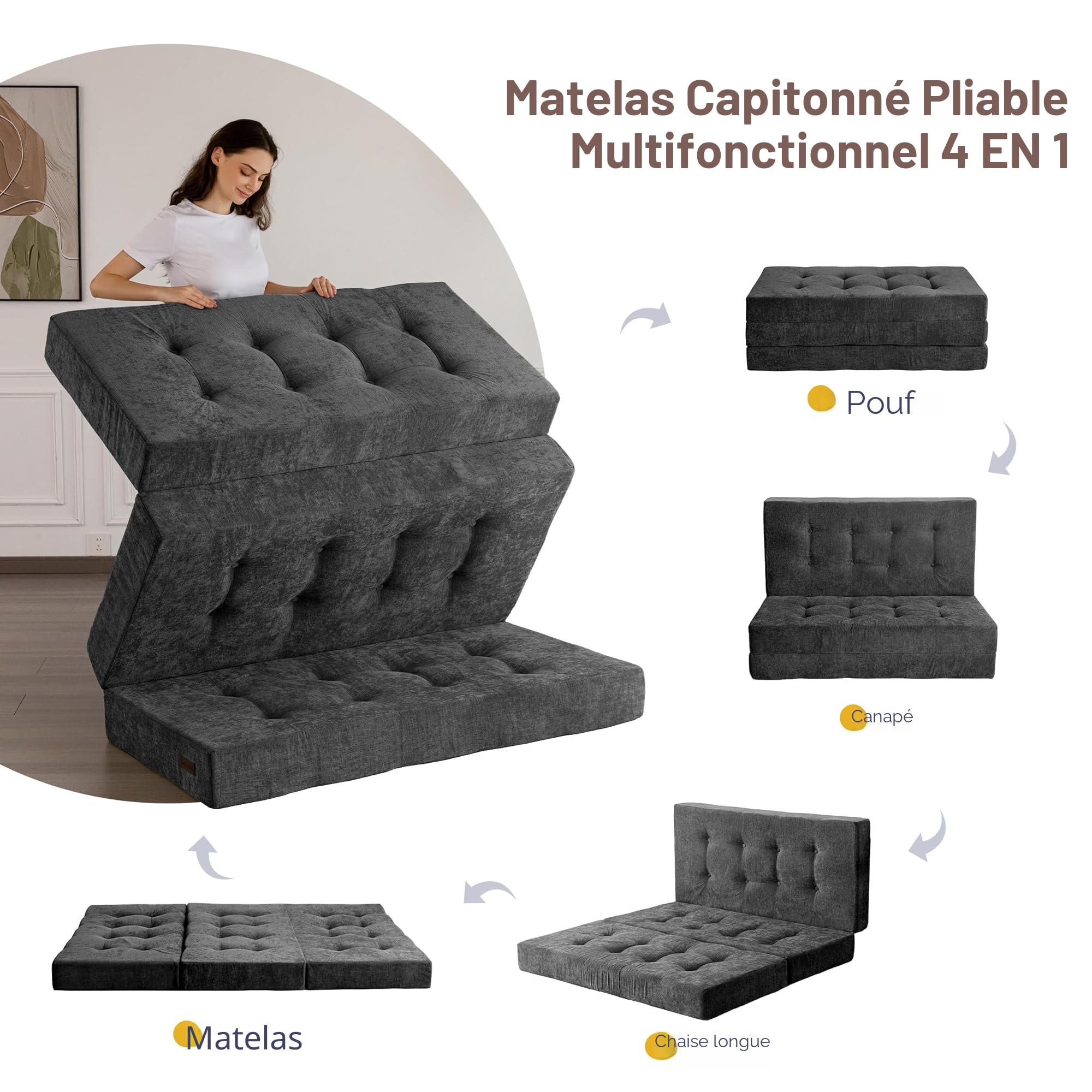 MAXYOYO Matelas Pliant 15 cm Célibataire, Confortable de avec Tissu Chenille, Canapé-Lit de Futon à Trois Fois pour Invité, Topper Sol pour Le Camping.