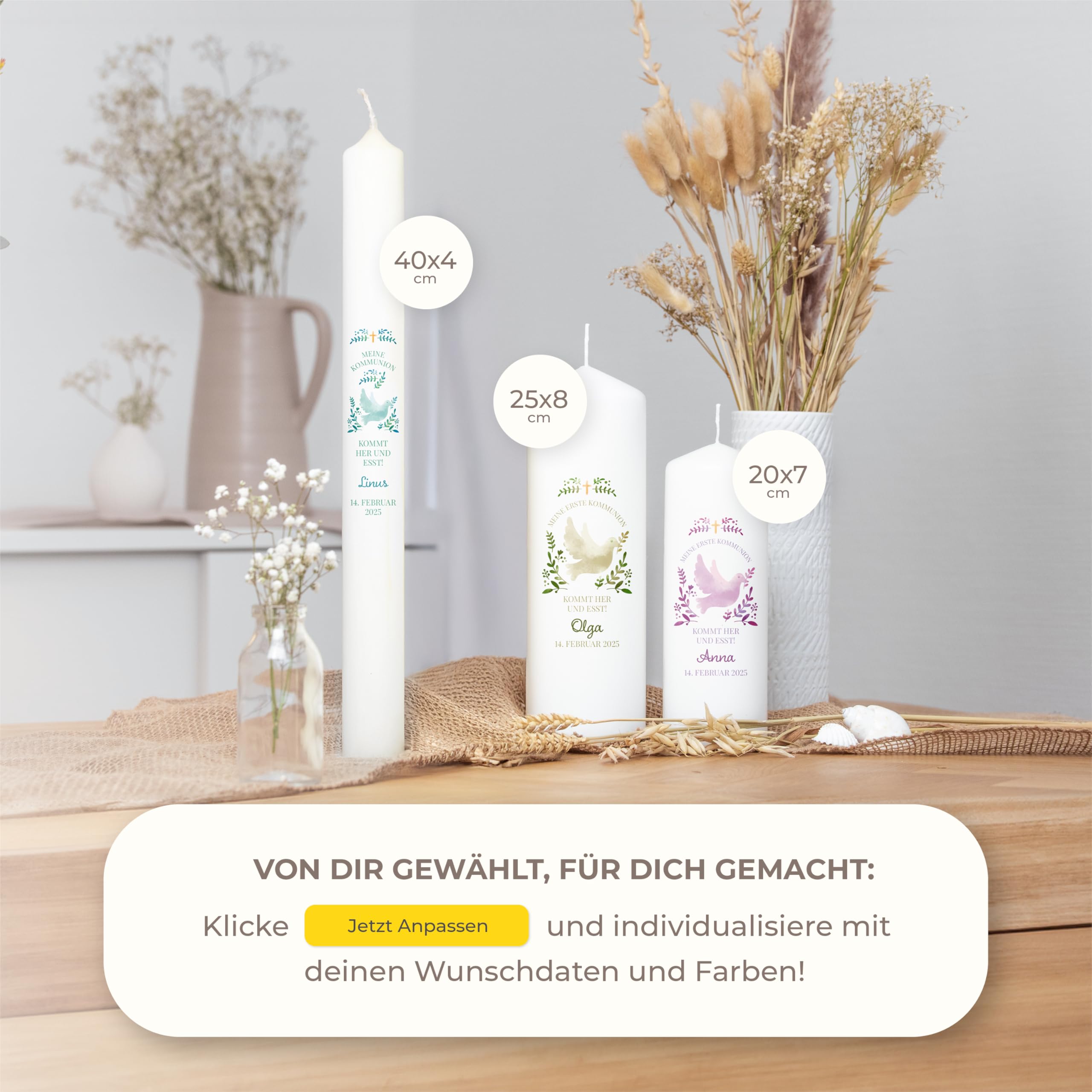 AMARI ® Kommunionkerze personalisiert Taube H:20cm/⌀:7cm - Kerze Kommunion - Kommunionkerze Junge/Mädchen