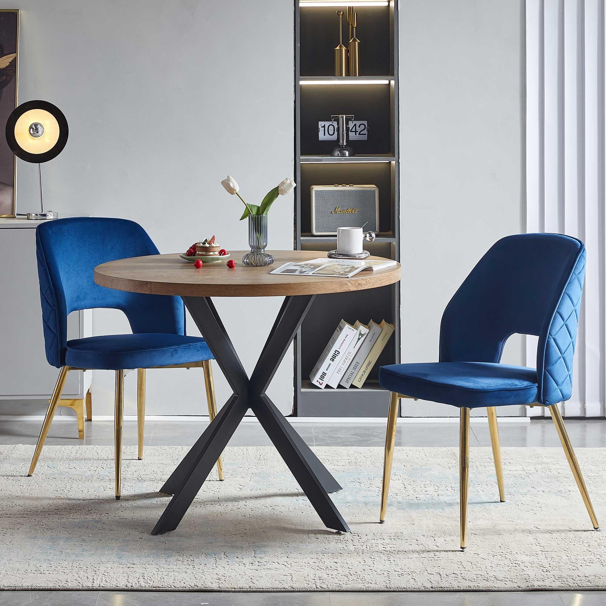 NORDICANA 3-Piece Dining Table Set for 2 - Space Saving 37-Inch Round Table and Chairs, 2 Seaters Dining Set with Upholstered Dining Chairs (Navy Blue