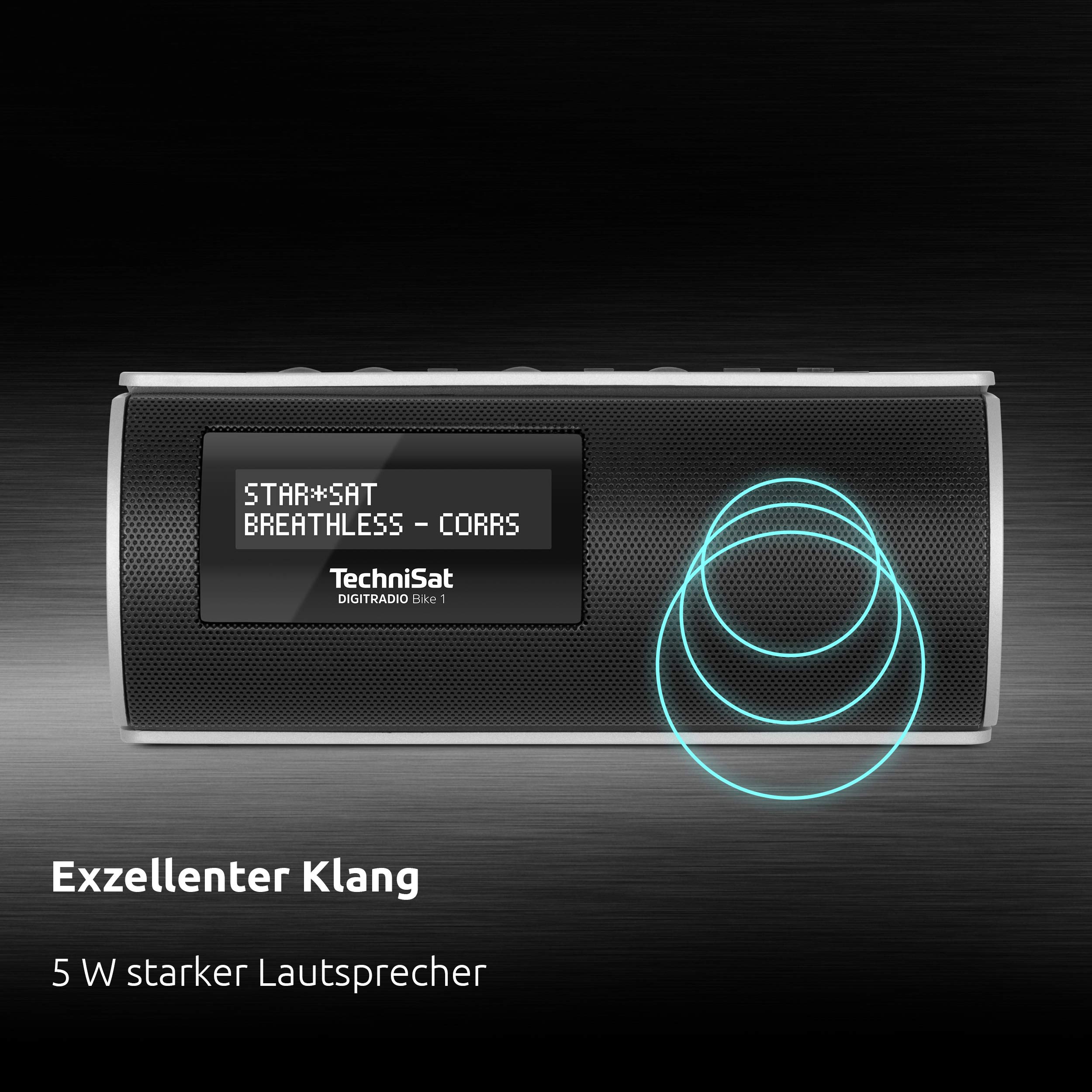 TechniSat DIGITRADIO Bike 1 – DAB+ Fahrrad Radio (DAB, UKW, IP65 wasserabweisendes Gehäuse, OLED-Display, Bluetooth-Audiostreaming, Universalhalterung für Lenker/Rahmen, Akku, 2 Watt) schwarz/silber