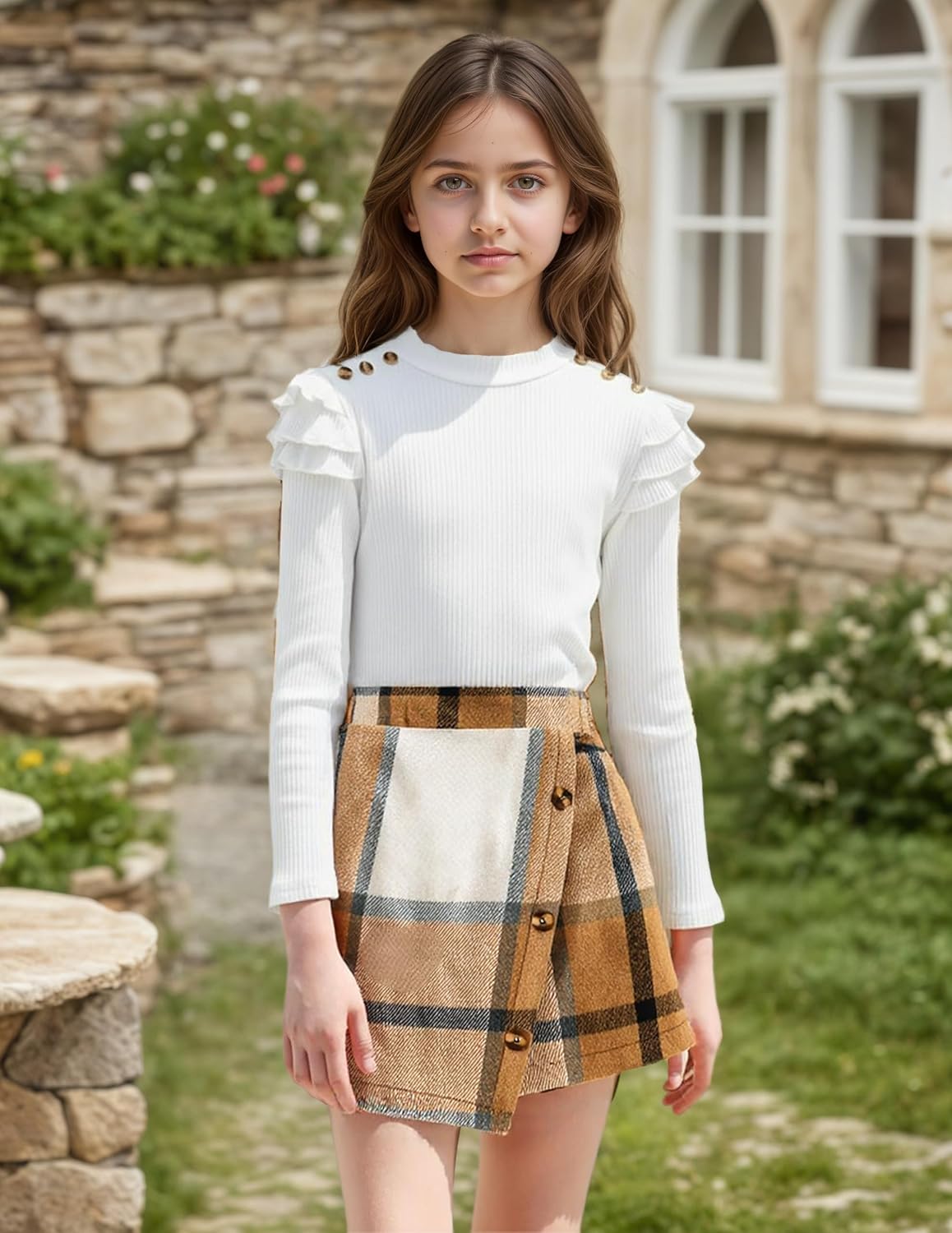 Noubeau Toddler Girls Skirt Set Long Sleeve Ruffle Top Shirt+Plaid Skirt Fall Winter Clothes for Girls 2 Piece Outfits - Image 6