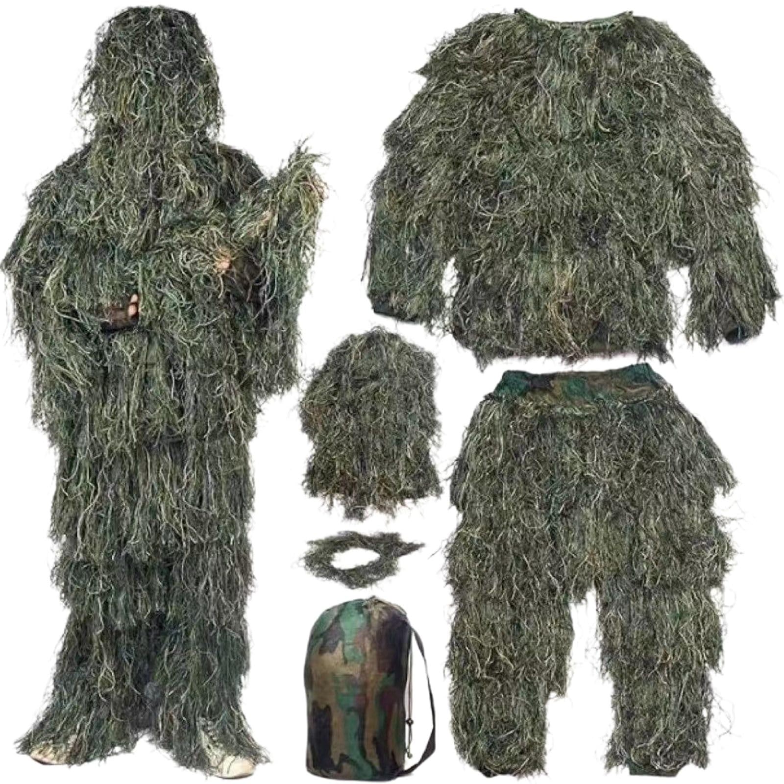 Generisch 3D Ghillie Tarnanzug Suit, 5 in 1 Ghillie Anzug Jagd Wald Woodland Camouflage Waldjagd Anzug Camo für Jagd Allerheiligen Outdoor Training Paintball Forest Fotografie Taktischer Ghillie Suit