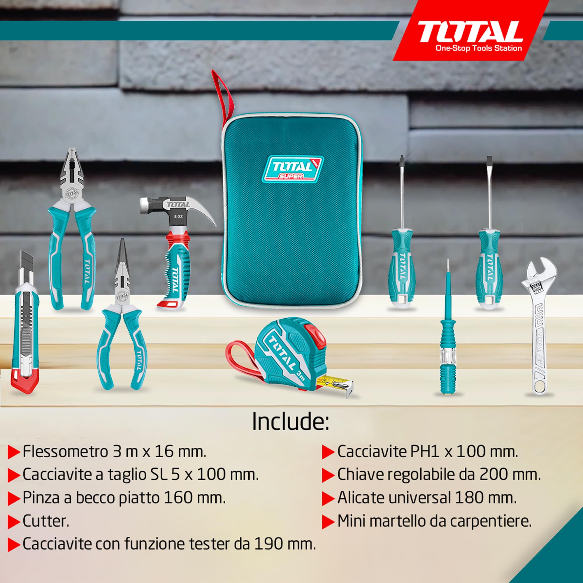 Total - Set di 9 Attrezzi in Custodia di Tela - Metro a Nastro, Cacciaviti, Chiave Regolabile, Pinze, Cutter e Mini Martello - Kit di Utensili Perfetto per Casa, Auto o Progetti