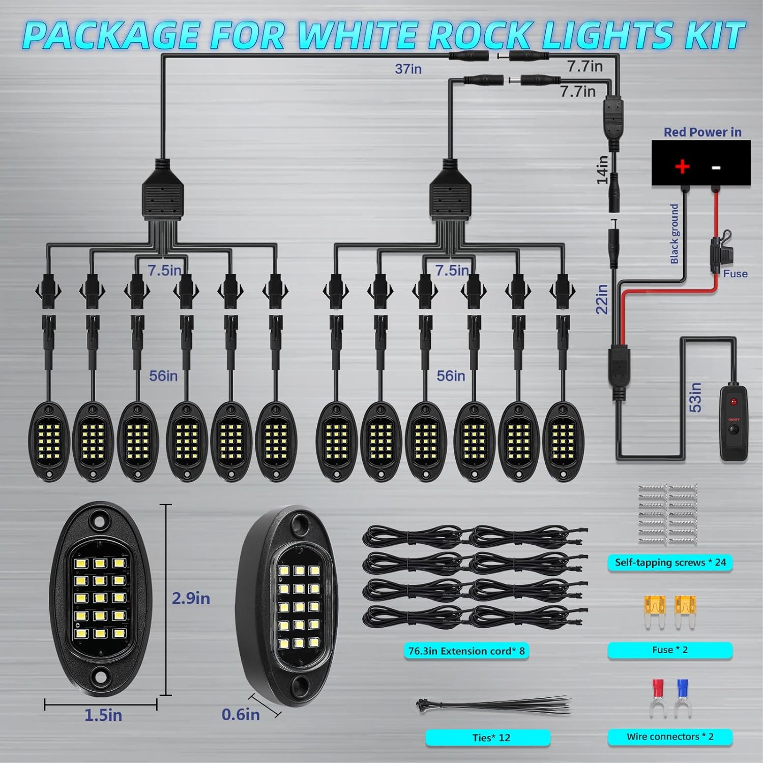 12Pods All Pure White LED Rock Lights Full Kit Plug and Play & Pre Wired 6500K with Switch Wiring Harness Extension Fuse, 180Chips Waterproof Underglow 12V for Trucks Pickup Jeep ATV UTV SXS Offroad